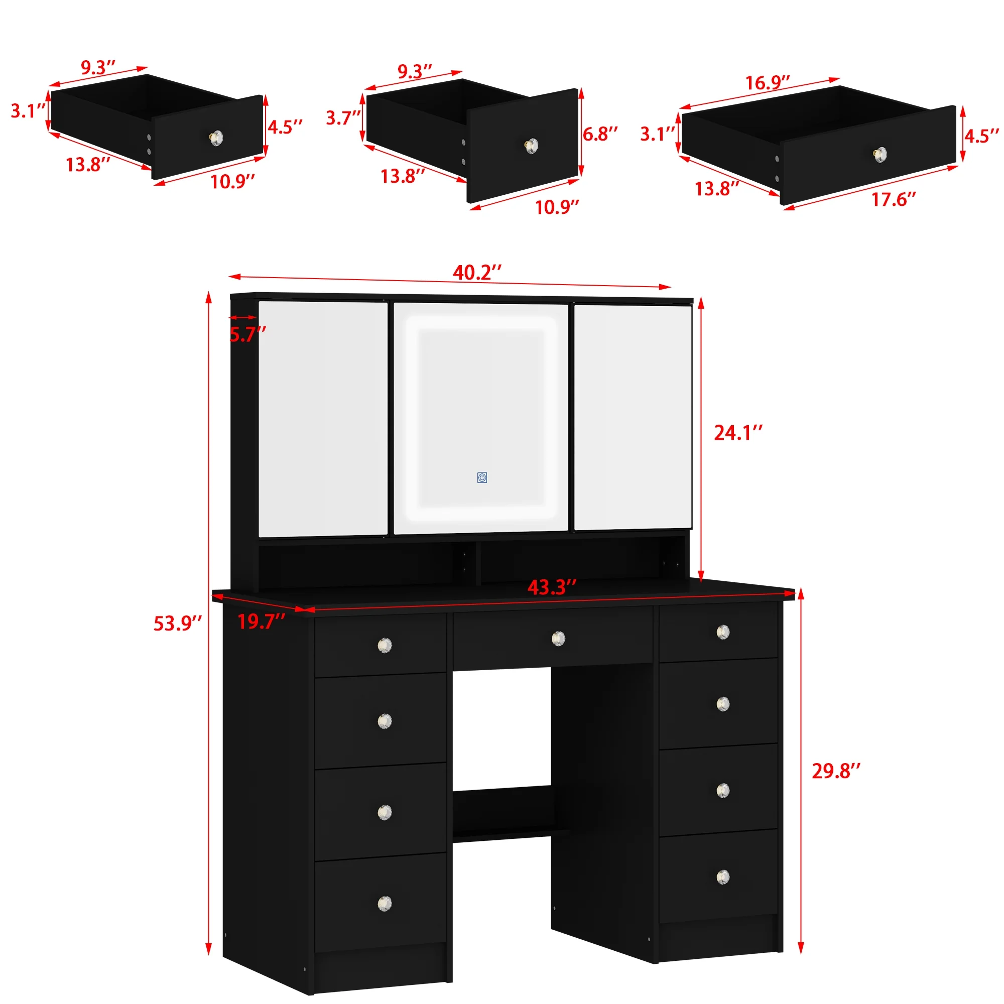 MONSLIPA Makeup Vanity Desk Set w/ Light, Sturdy Dressing Vanity Table with Bench, Shelves & Drawers
