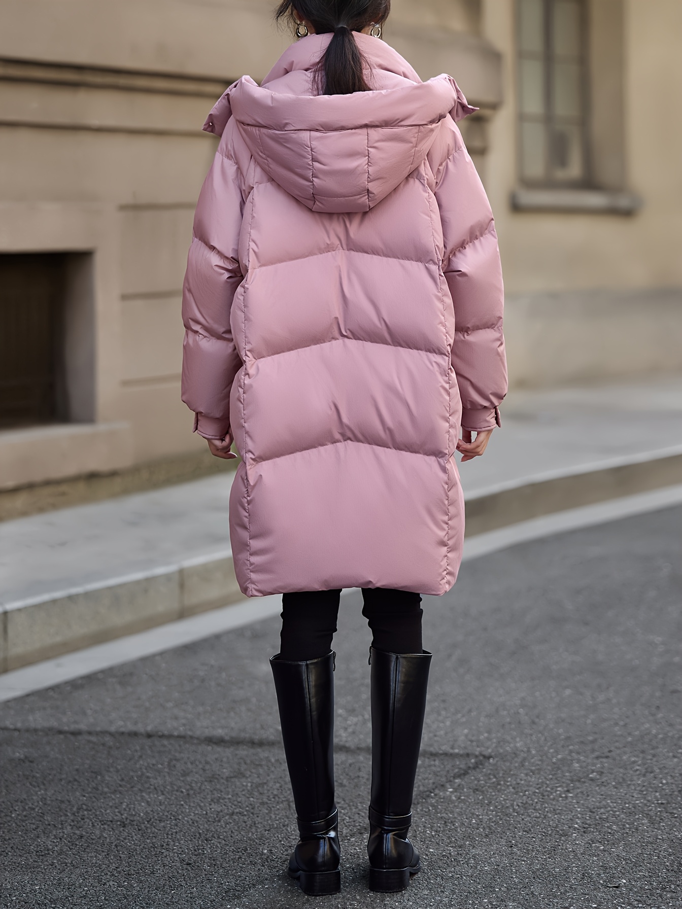 Women’s Winter Puffer Down Jacket, Hooded Stand Collar, Mid-Length, Solid Color, Long Sleeve, Non-Stretch, 100% Polyester