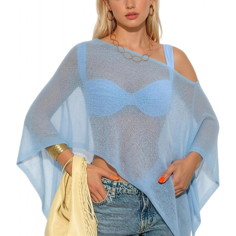 Women Sheer Poncho Top Lightweight Knit Crochet Shrug