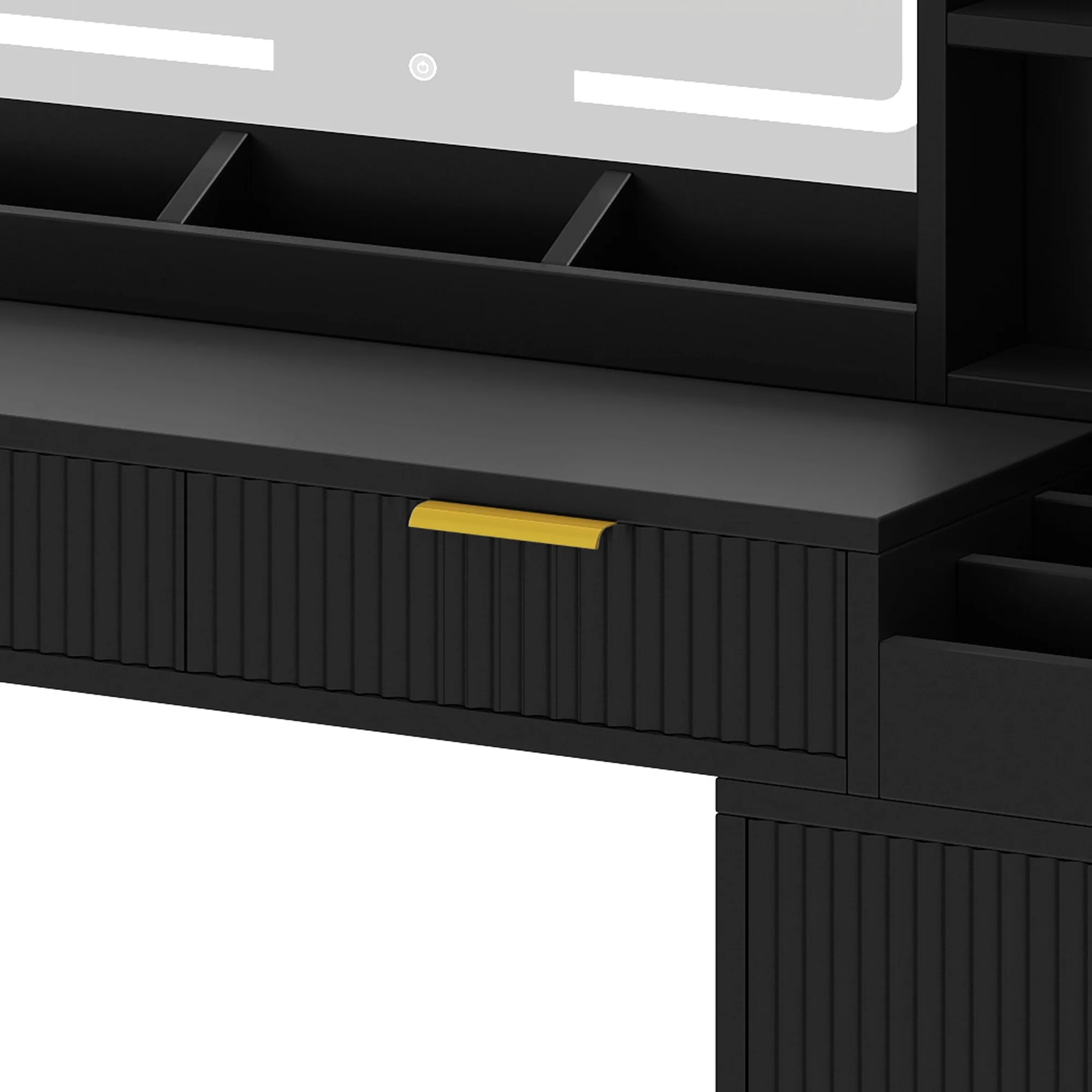 Uforic Vanity Desk with Mirror and LED Lights, Makeup Vanity Table with 2 Drawers & 11 Shelves, Makeup Table with Power Outlet for Bedroom Dressing Room,Oak