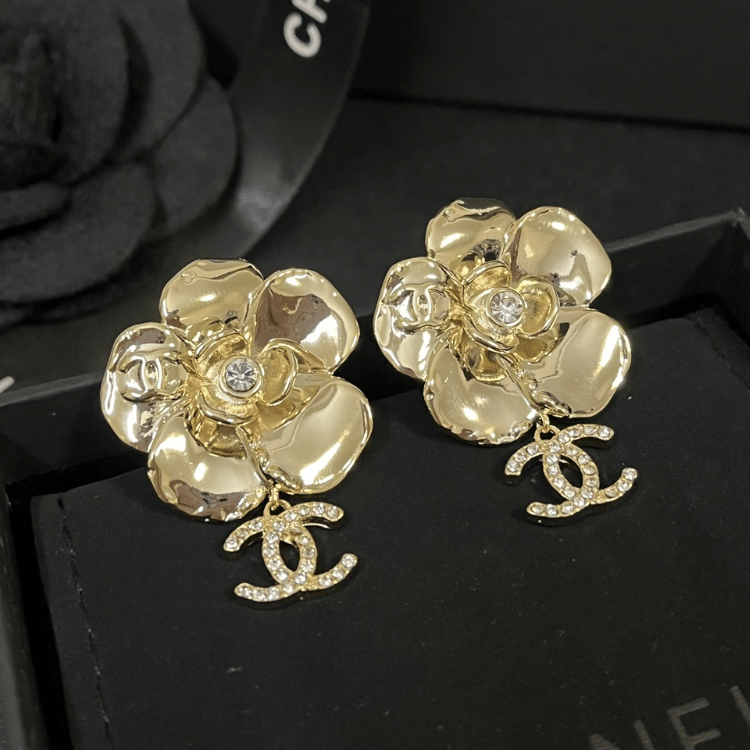 Chanel Camellia Flower Drop Earrings With Cc Logo Gold-Tone