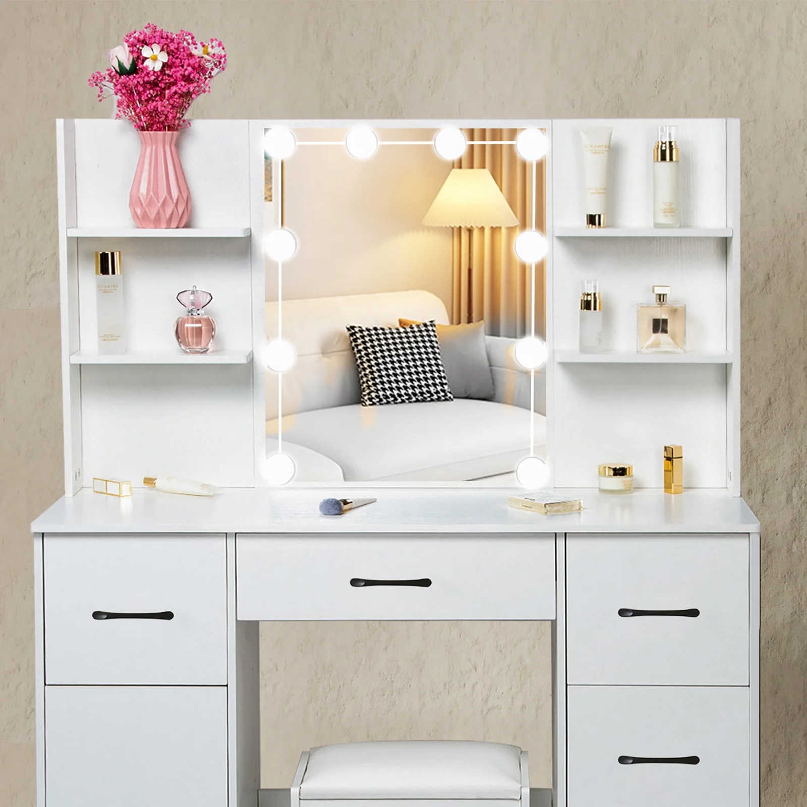 Yamissi Makeup Vanity with 3 Color Lights, Vanity Desk with Sliding Mirror, Vanity Set Makeup Table, Storage Drawers and Shelves, White