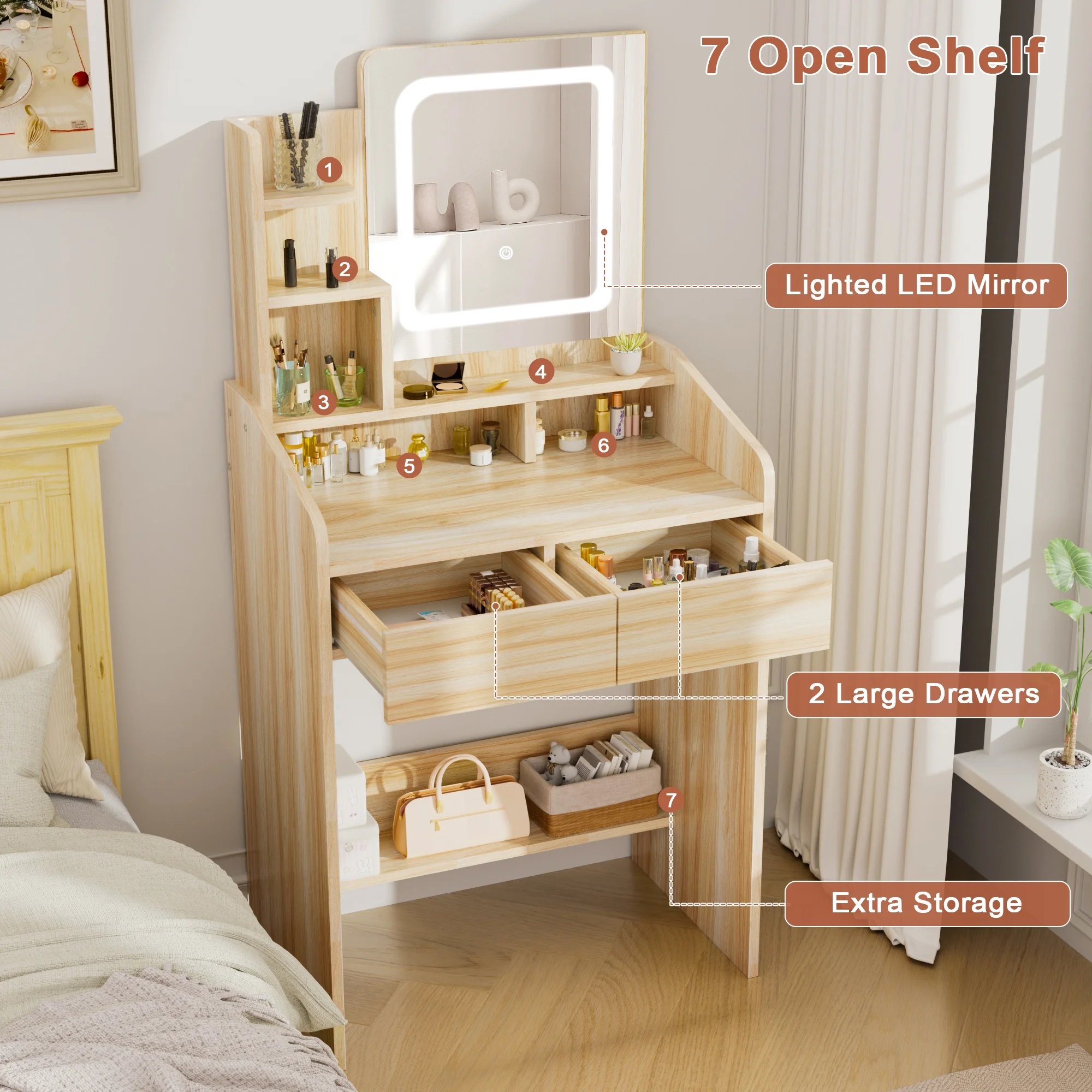 LIVELYGLOW Vanity Desk Set with Square Mirror and Light- Small Vanity Table with Drawers- White