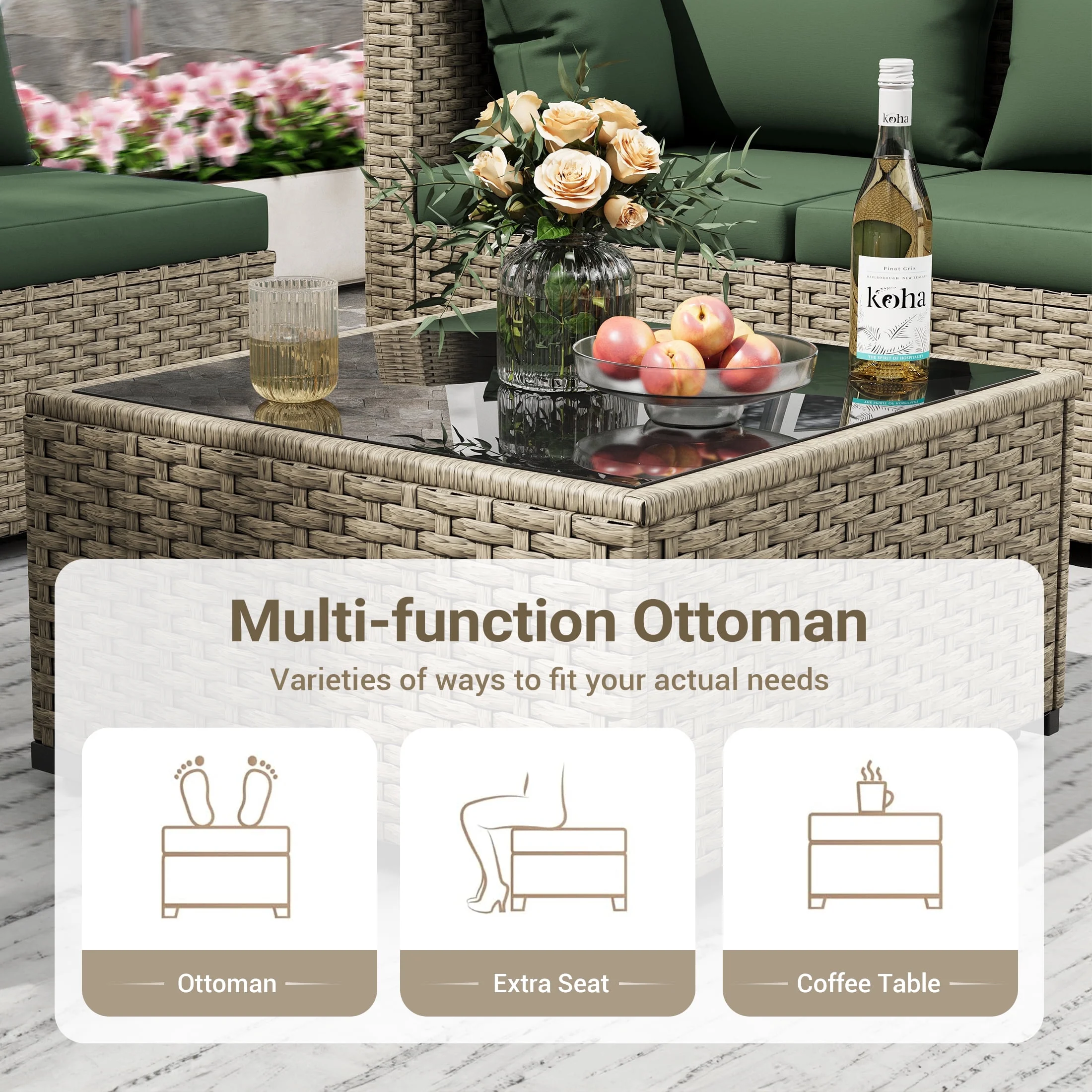 POTEBAN 7 Pieces Outdoor Patio Furniture Set, Grey Rattan Wicker Outdoor Conversation Sectional Sofa Set with Cushions for Backyard, Green