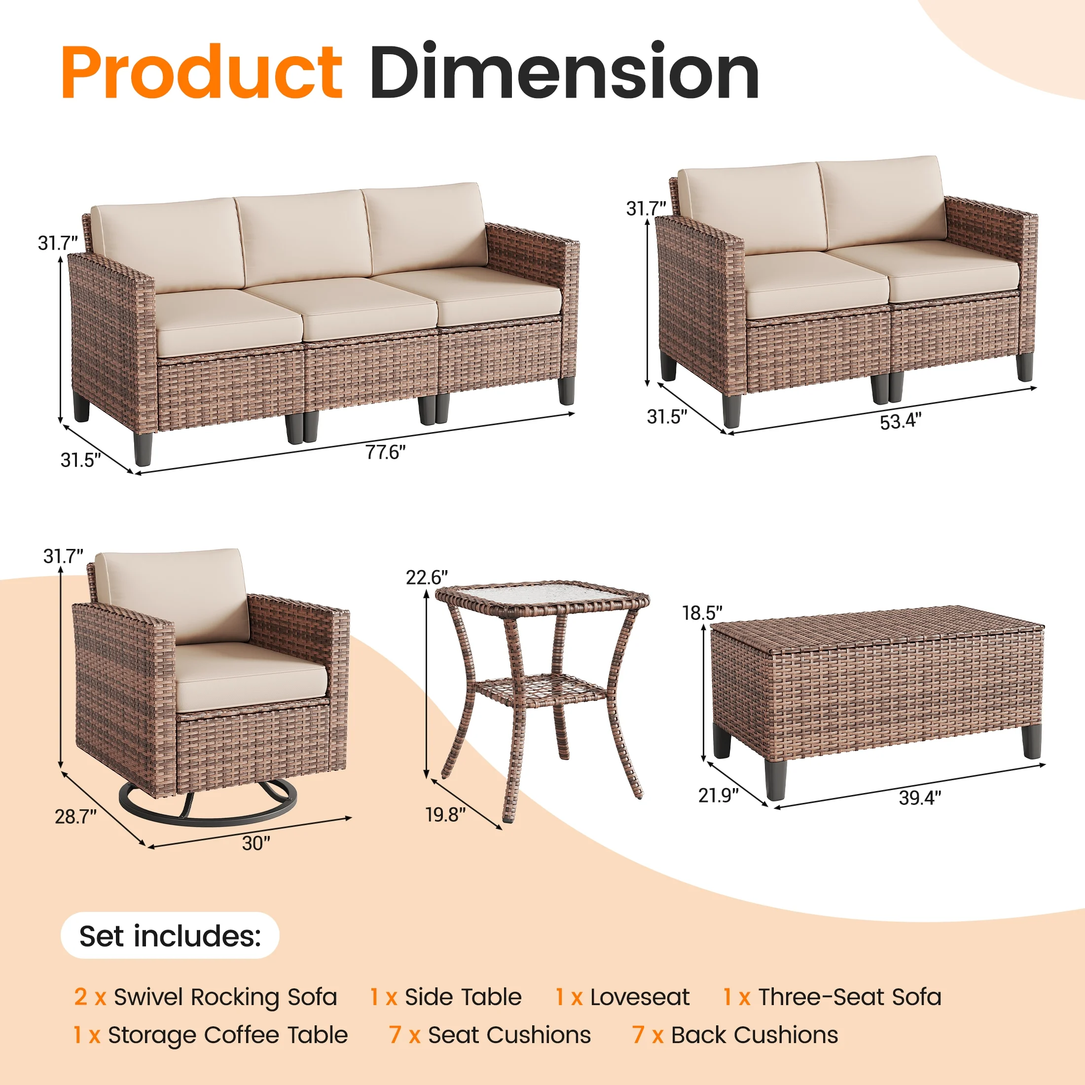 Poteban Outdoor Patio Furniture Set, Rocking Swivel Chair, 9 Pieces Wicker Rattan Sectional Furniture for Backyard (Grey)