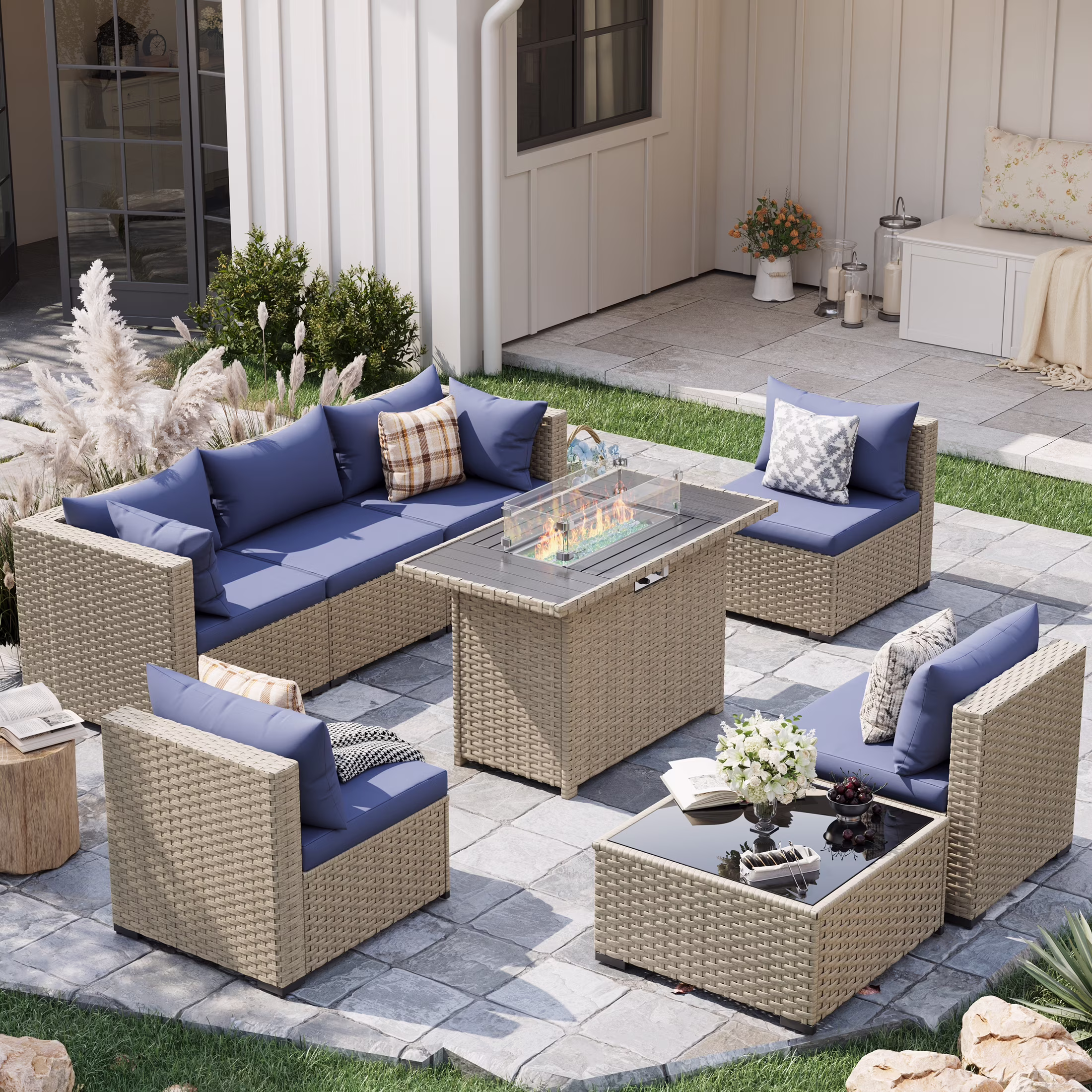 POTEBAN 7 Pieces Outdoor Patio Furniture Set, Grey Rattan Wicker Outdoor Conversation Sectional Sofa Set with Cushions for Backyard, Green