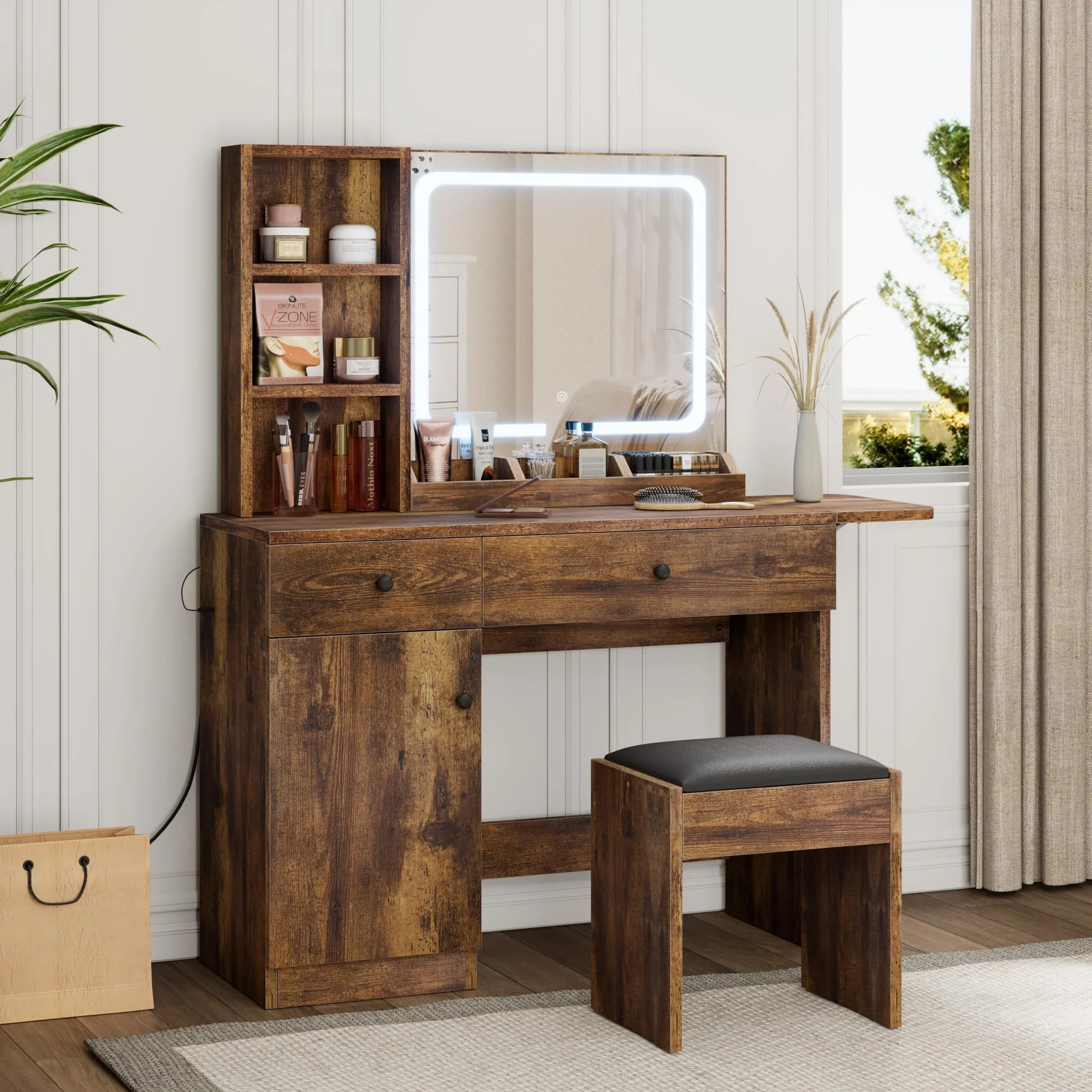 DSstyles Brown/Black/White Vanity Desk with LED Lighted Mirror & Power Outlet, Makeup Vanity with Drawers & Cabinet & Chair, Vanity Table Set for Bedroom