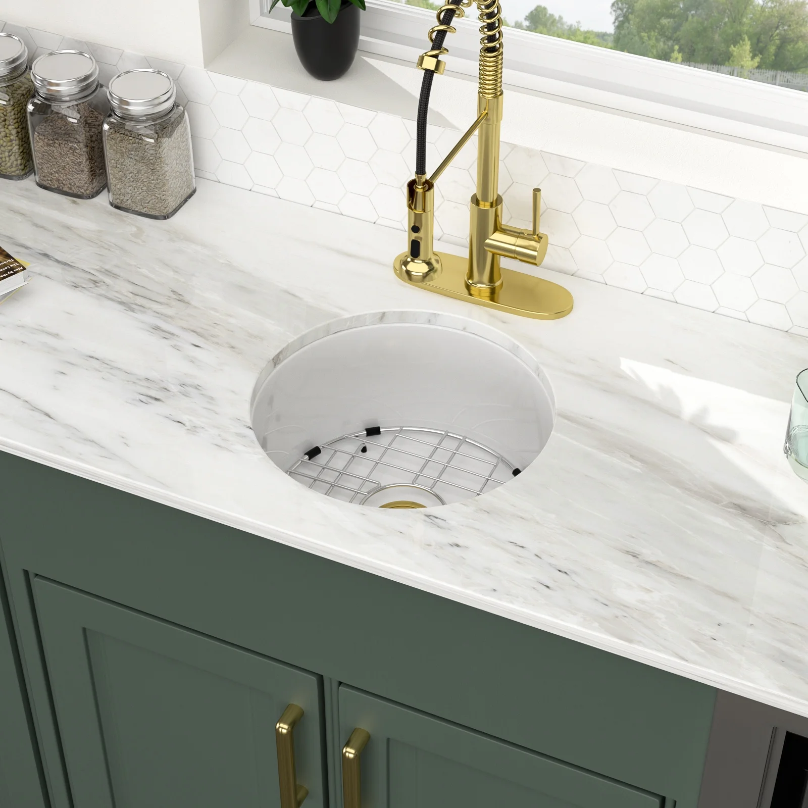 Logmey 18 Inch Round Ceramic Kitchen Sink Porcelain Small Single Bowl, White Undermount Bar Sink, Depth 8-1/3 Inch Sink, with Gold Drainer Assembly LM-WAL-LTBS3019FY-N