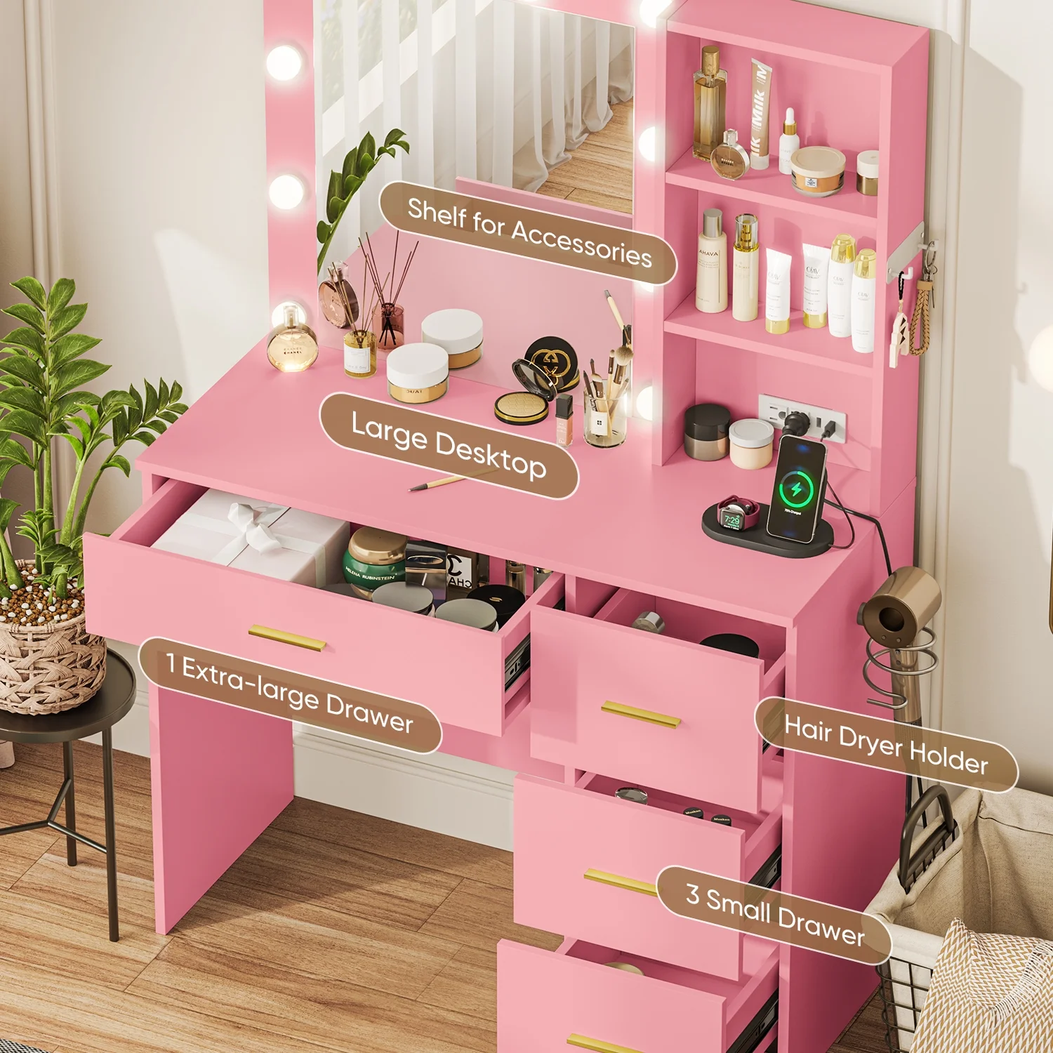 Cottinch Vanity Desk 3 Color Lighted Mirror,Makeup Dressing Table with 4 Drawers and Storage Shelves,2 Outlets,2 USB Ports,White