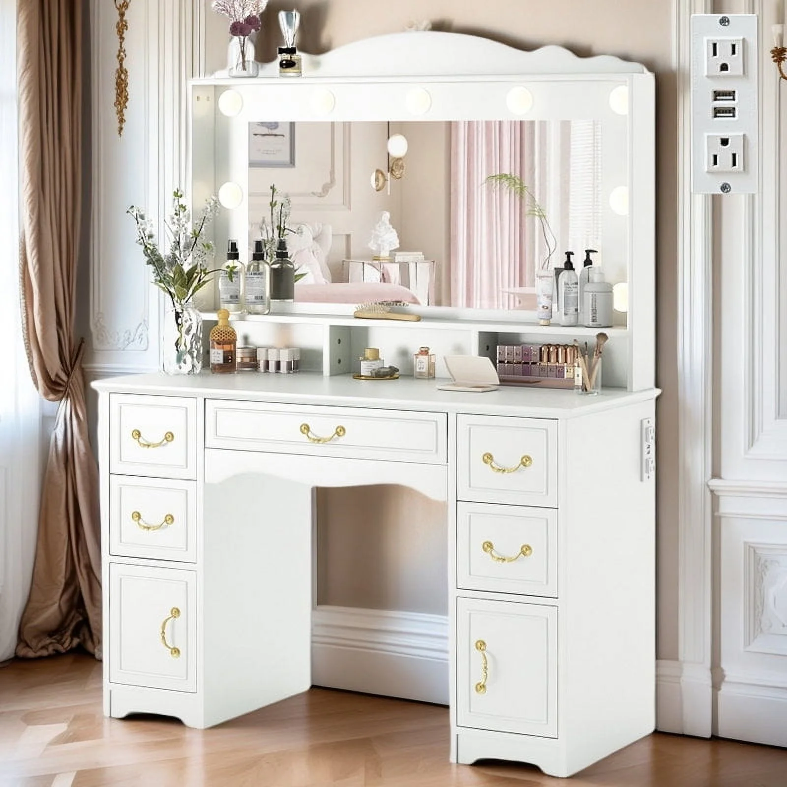 Vanity Desk with Mirror and Light 1 Piece Bohemian White Vanity Table,French Country Style