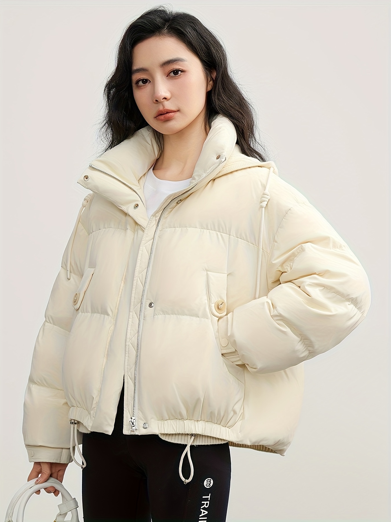 Women’s Casual Solid Color Hooded Puffer Jacket, Winter White Duck Down Filled Coat with Zipper Placket