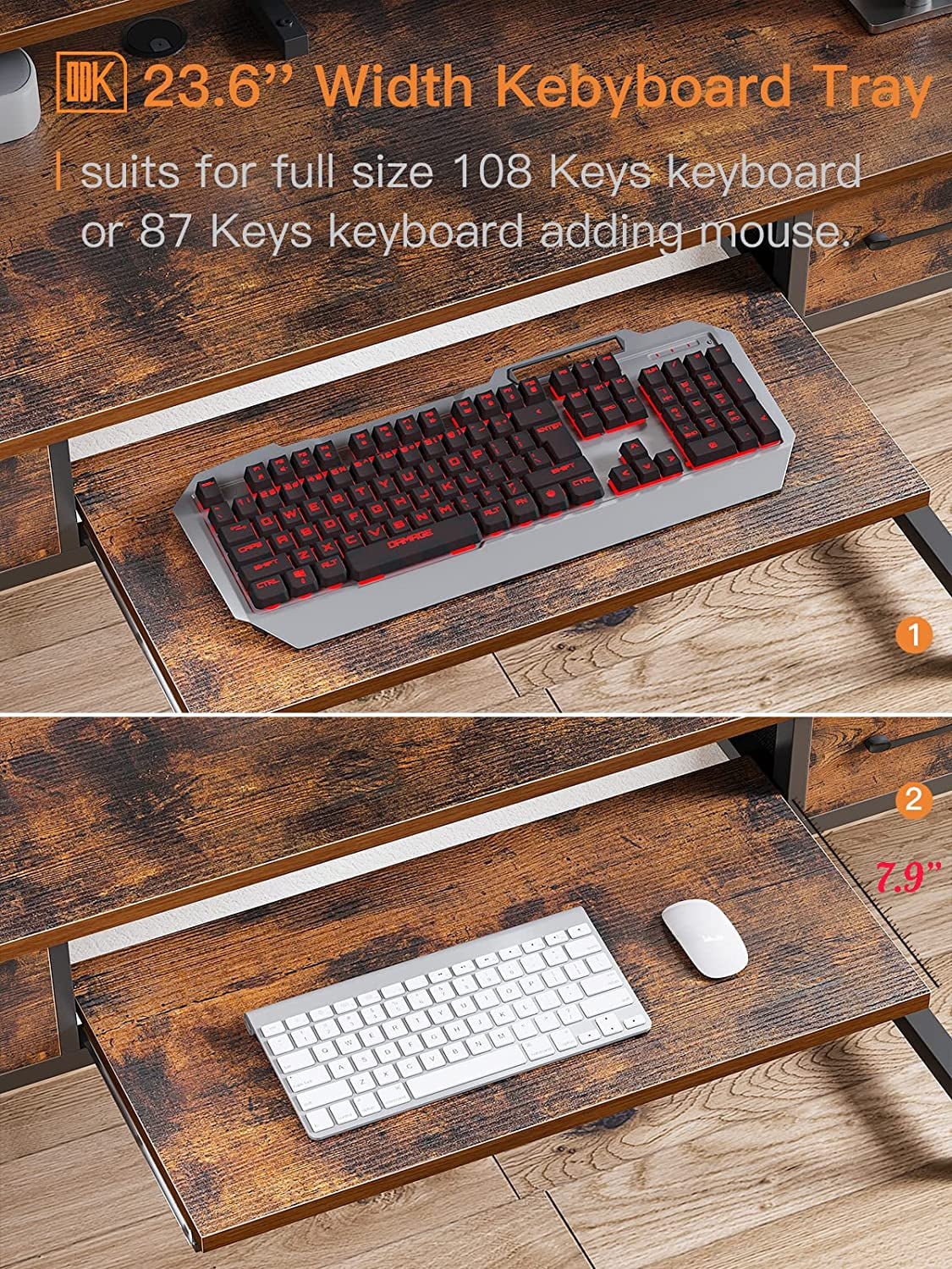 48 inch Computer Desk with Keyboard Tray, Modern Home Office Desk with Shelf & Drawers, Study Desk for Student, Rustic Brown