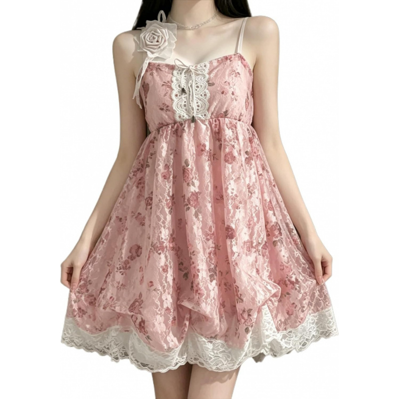 Spaghetti Strap Lace Mini Dress 2000s Women Cute Summer