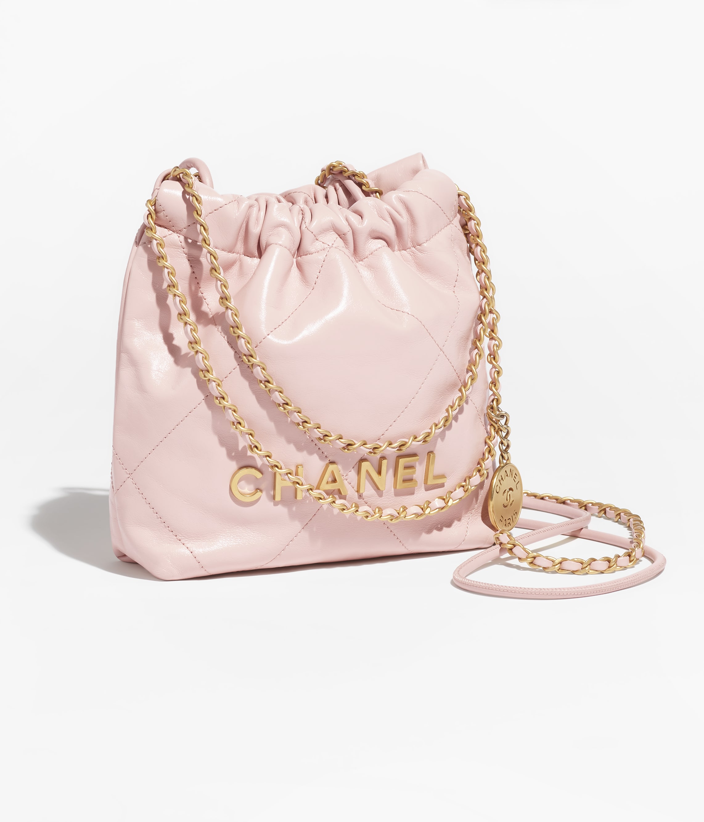 Chanel 22 Mini Handbag Shiny Calfskin & Gold-Tone Metal Light Pink