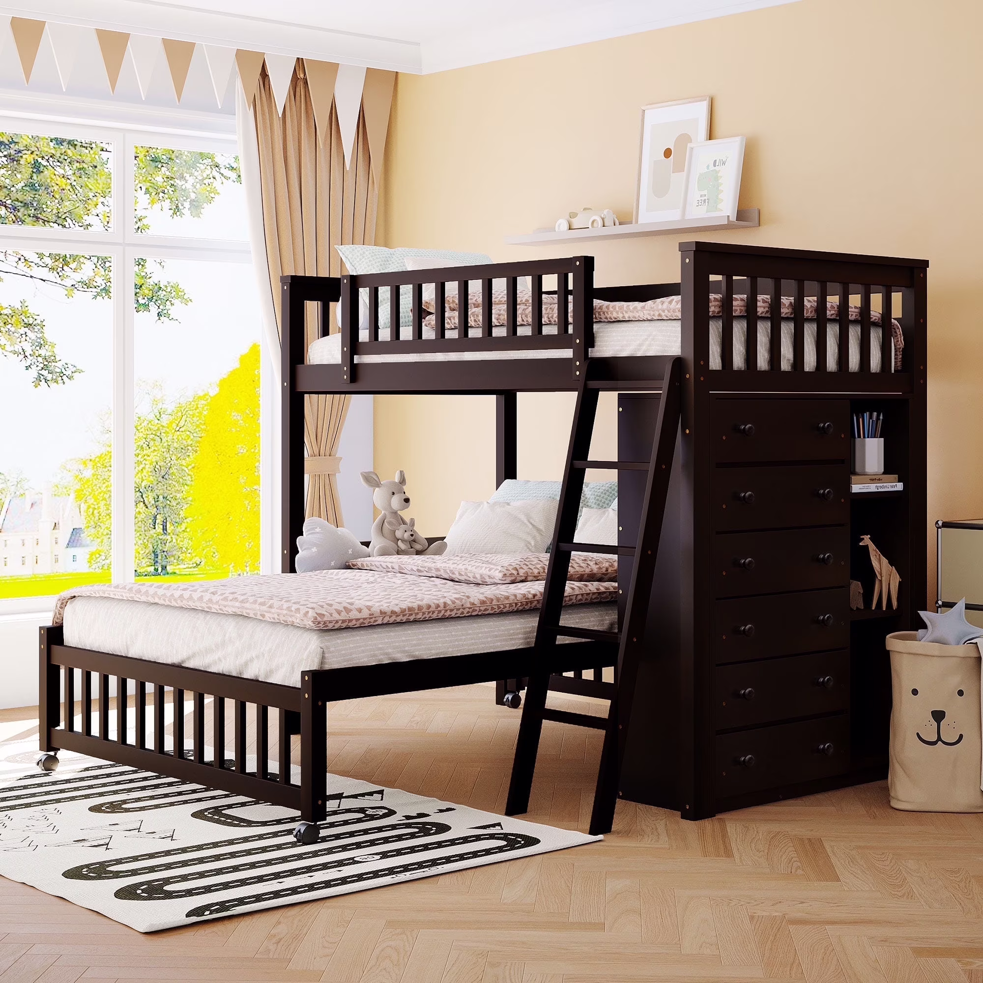 Harper & Bright Designs Full Over Twin Bunk Bed with Desk, Drawers and Shelves, L-Shaped Bunkbeds with Storage Staircase for Adults Bedroom, White