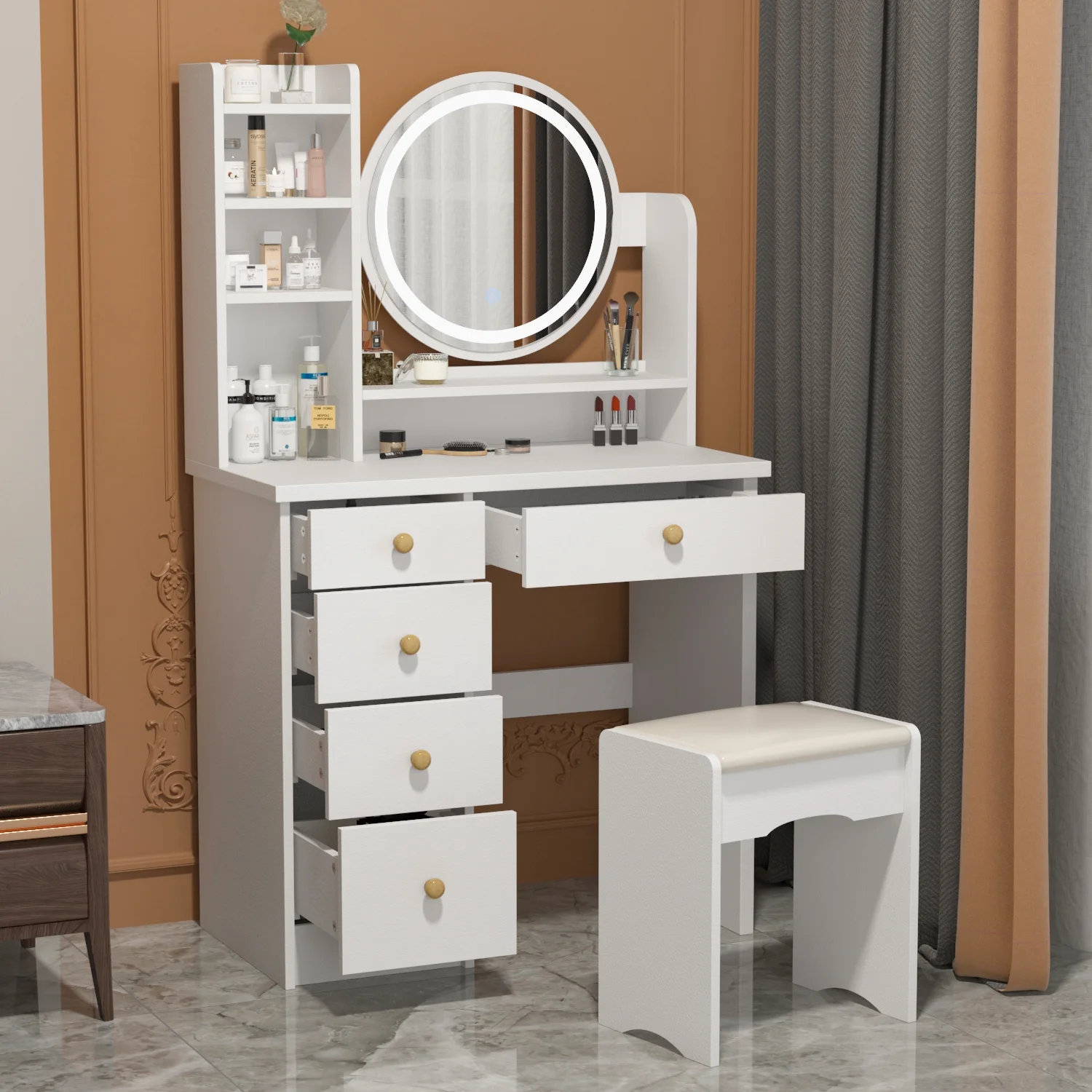 MONSLIPA Makeup Vanity Desk Set w/ Light, Sturdy Dressing Vanity Table with Bench, Shelves & Drawers
