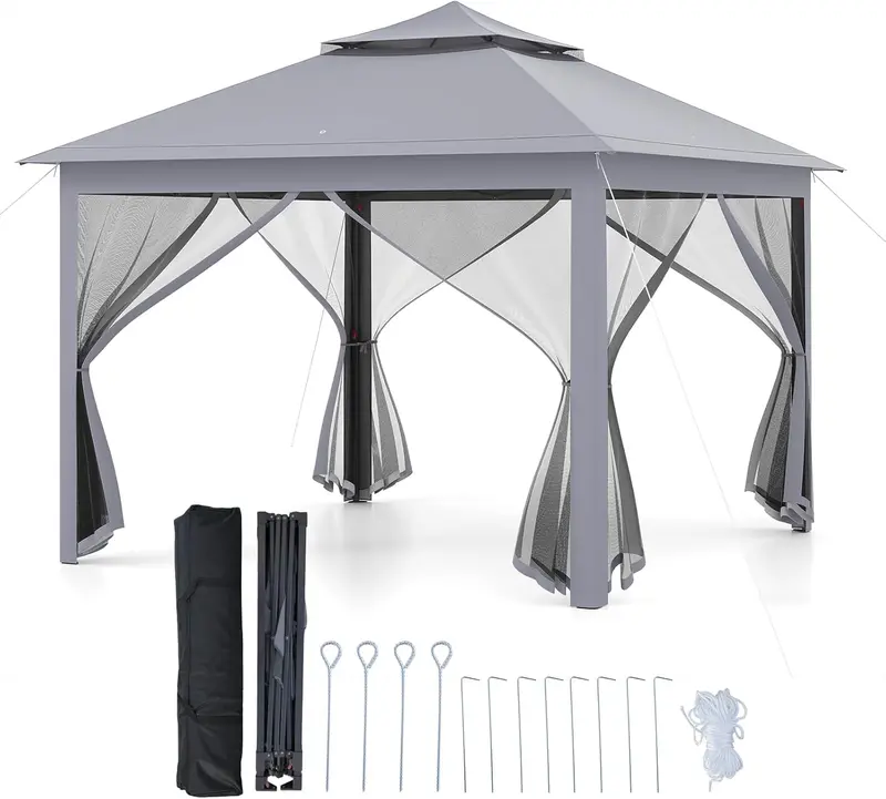 11′ x 11′ Pop-Up Gazebo with Mesh Sidewalls – Vented Canopy. Drainage Holes