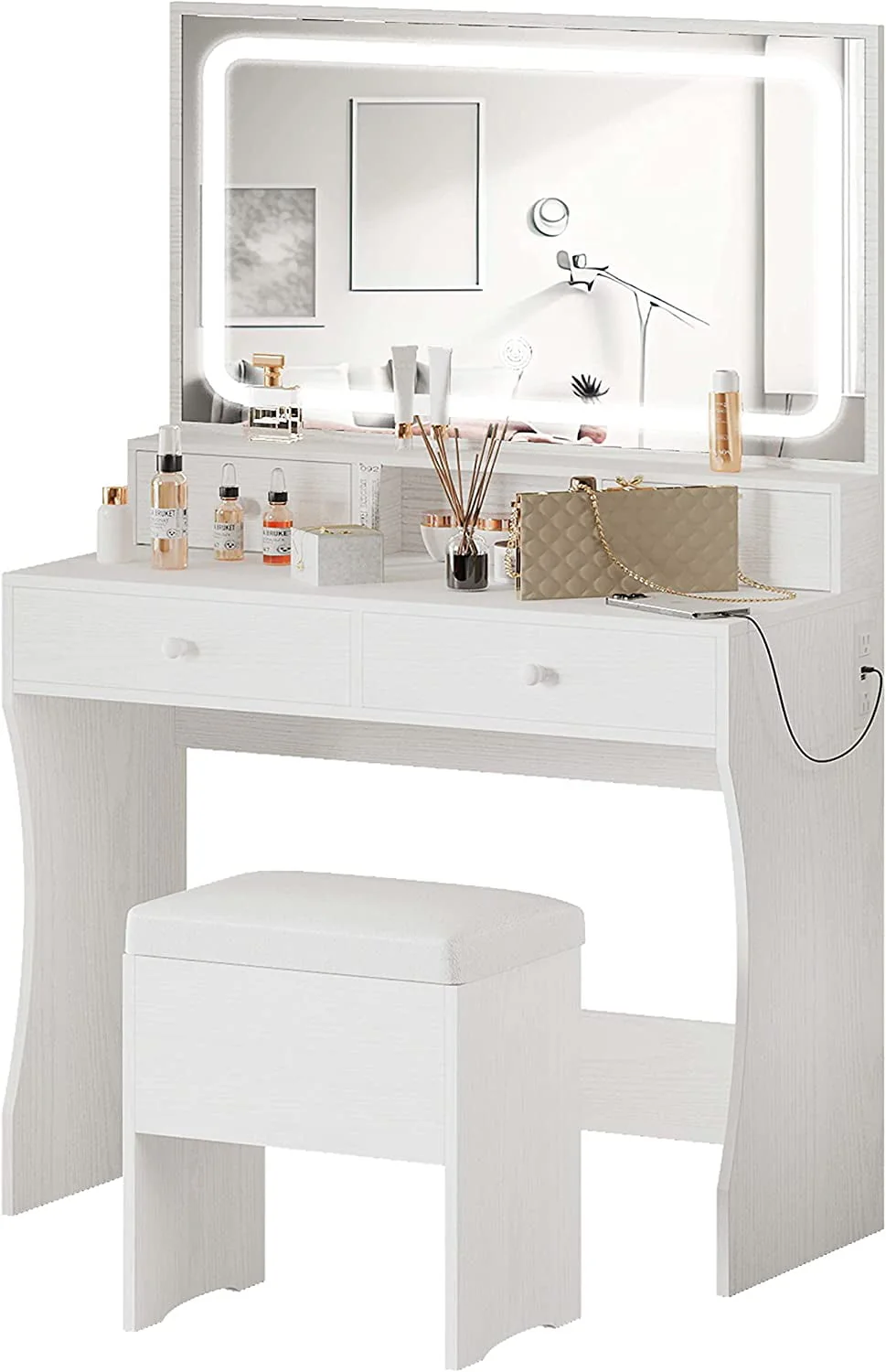 IRONCK Vanity Makeup Table Desk Set with LED Light Mirror & Power Outlet,  with 4 Drawers,Modern White