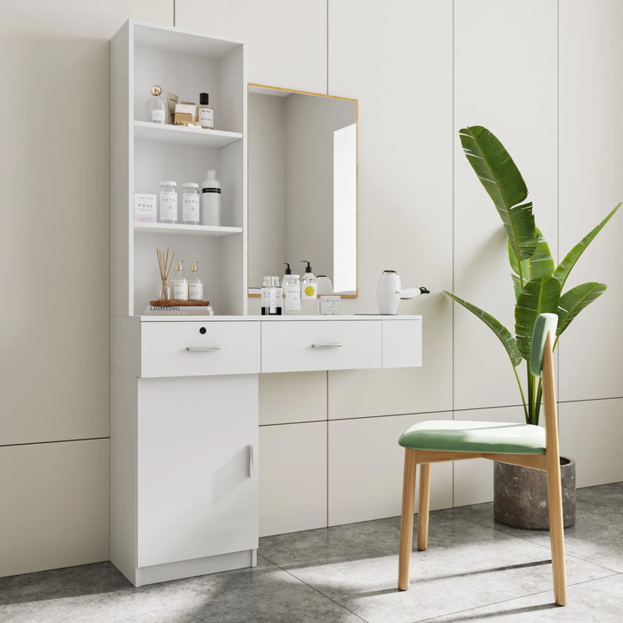 Modern Vanity Desk with Lights Makeup Vanity Dressing with Mirror Large Storage Space White