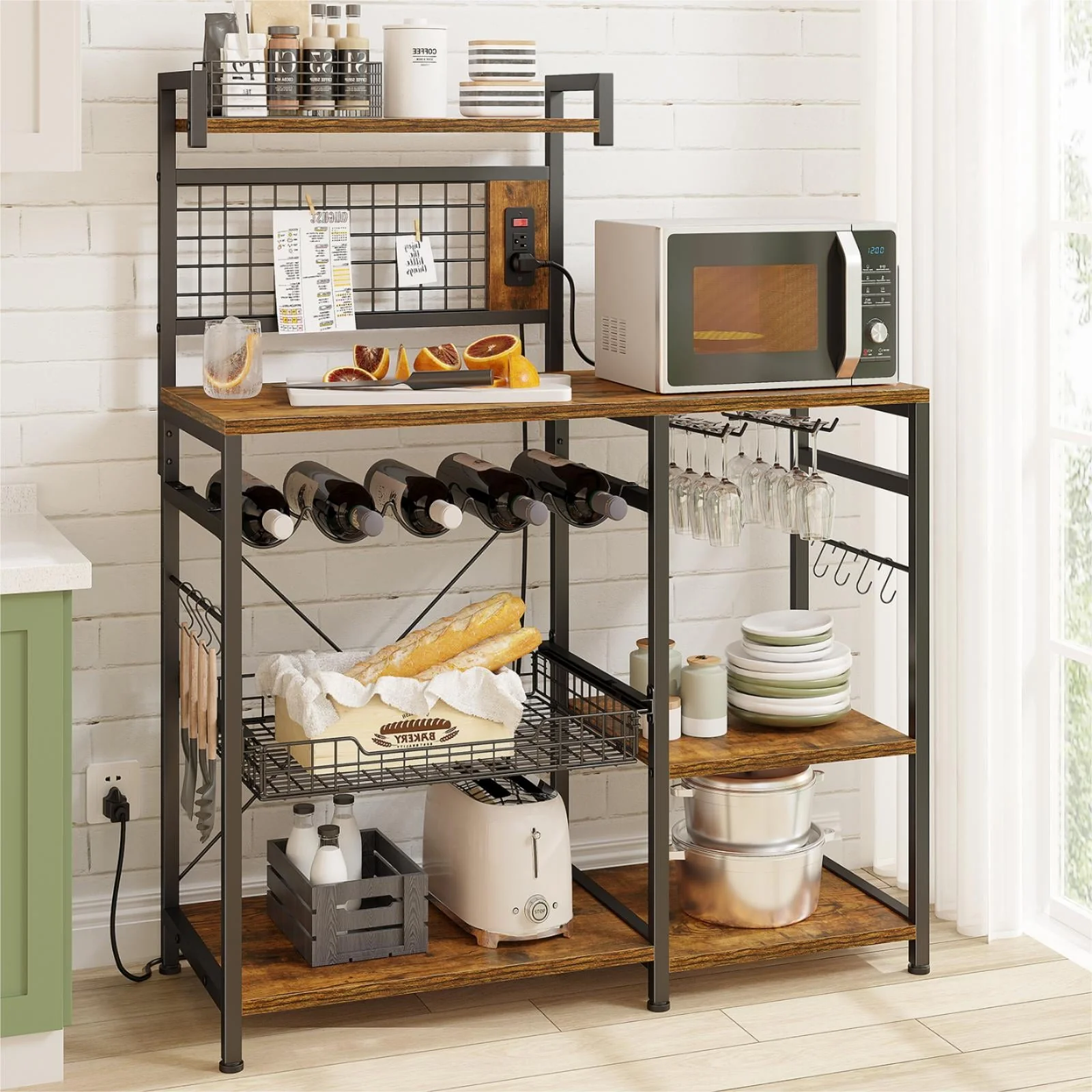 EnHomee Bakers Rack with Power Outlet Kitchen Baker’s Racks with Storage Shelves Microwave Stand with Wine Rack Heavy Duty Microwave Rack with 10 S-Shaped Hooks, Rustic Brown