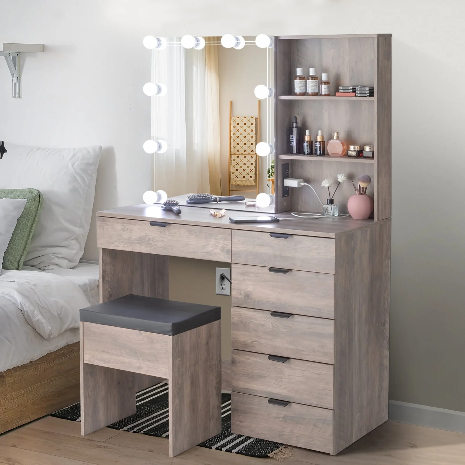 Ktaxon Vanity Set with 3 Color Lighted Mirror & Charging Station, Makeup Table with 6 Drawers, Dressing Table Makeup Desk with Stool,Retro Gray