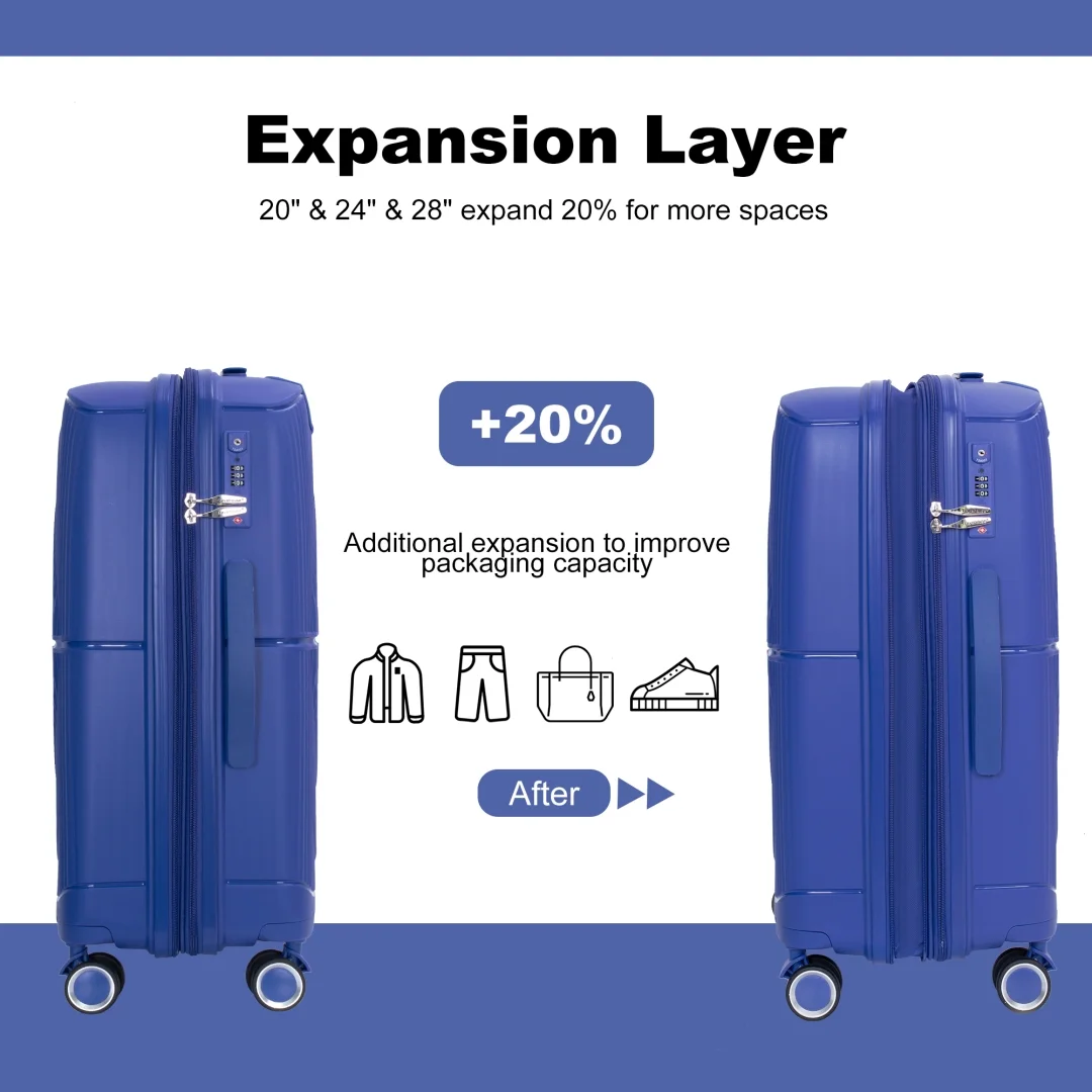 3 Pieces Luggage Set (20/24/28), Expandable PP Lightweight Hardshell Durable Suitcase with 4 Double 360 Degrees Mute Spinner Wheels and TSA Lock for Men Women, Black