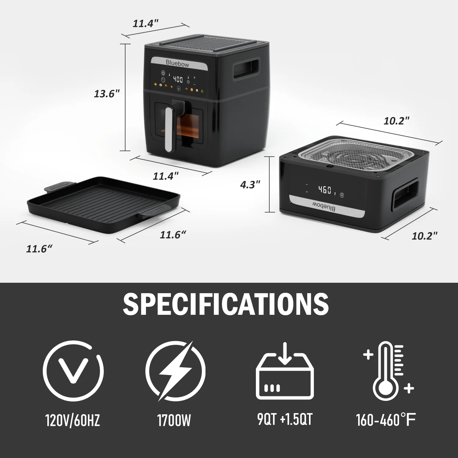 Bluebow 9QT  Air Fryer & Grill Pan Combo, Large Capacity, 8 Preset Functions, Non Toxic, Non-Stick, View Window, Black