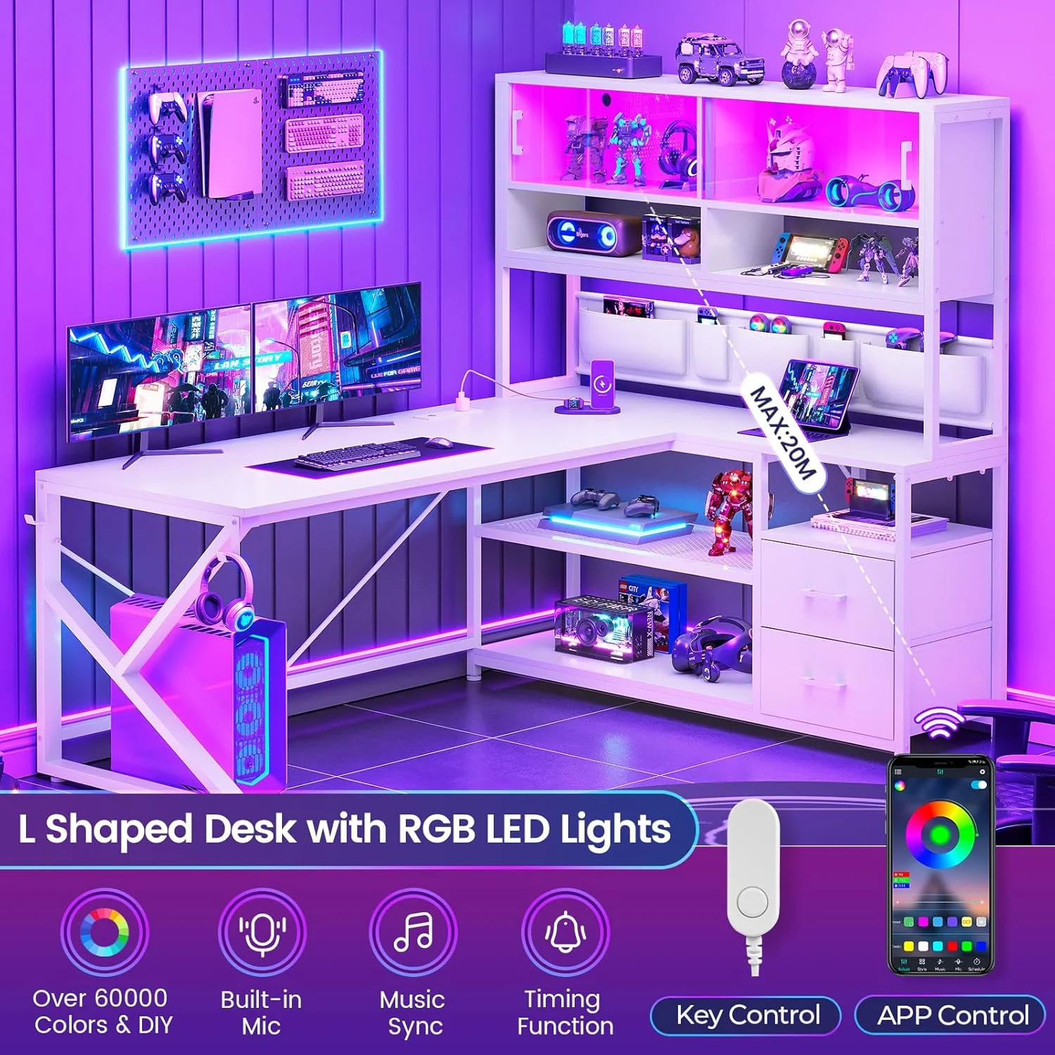 L Shaped Computer Desk with 2 Drawer and Bookshelf, L Shaped Gaming Desk with LED Light, Black