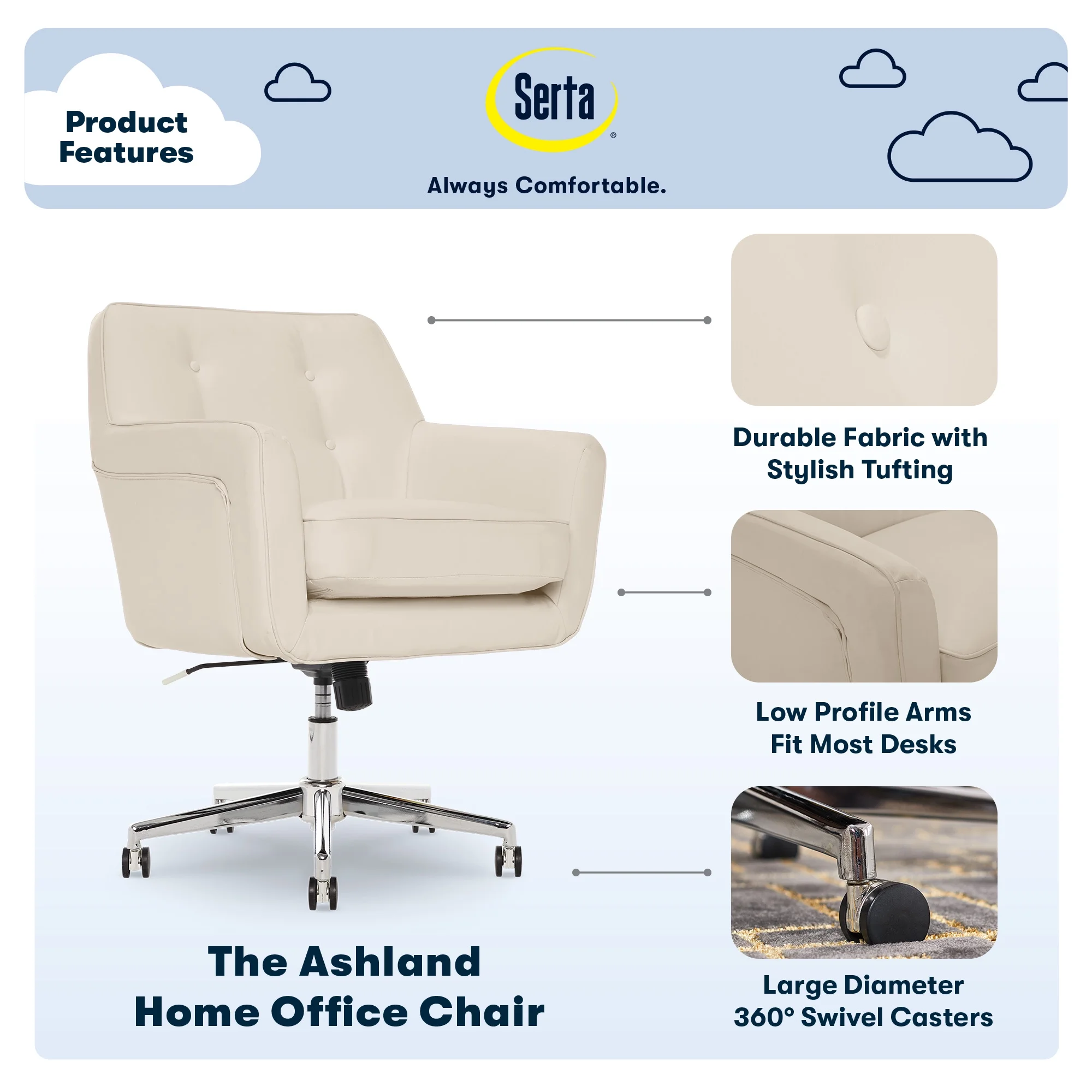 Serta Ashland Office Desk Chair, Button Tufted Mid-Back, Memory Foam Cushion, Chrome Swivel Base, Charcoal