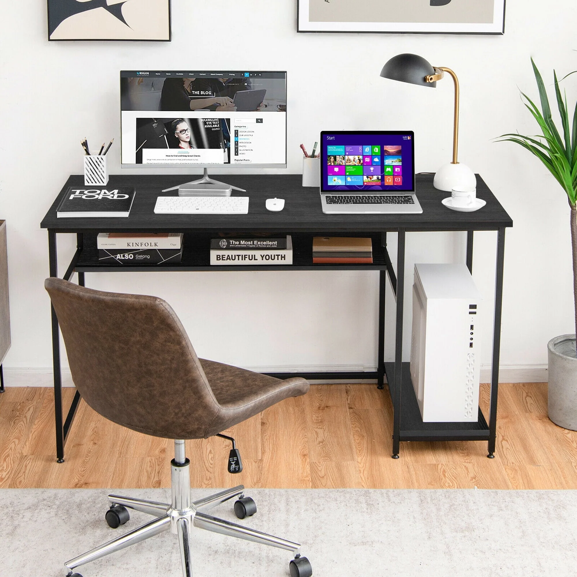 Gymax 55'' Computer Desk Home Office PC Workstation w/ Power Outlets & USB Ports Black