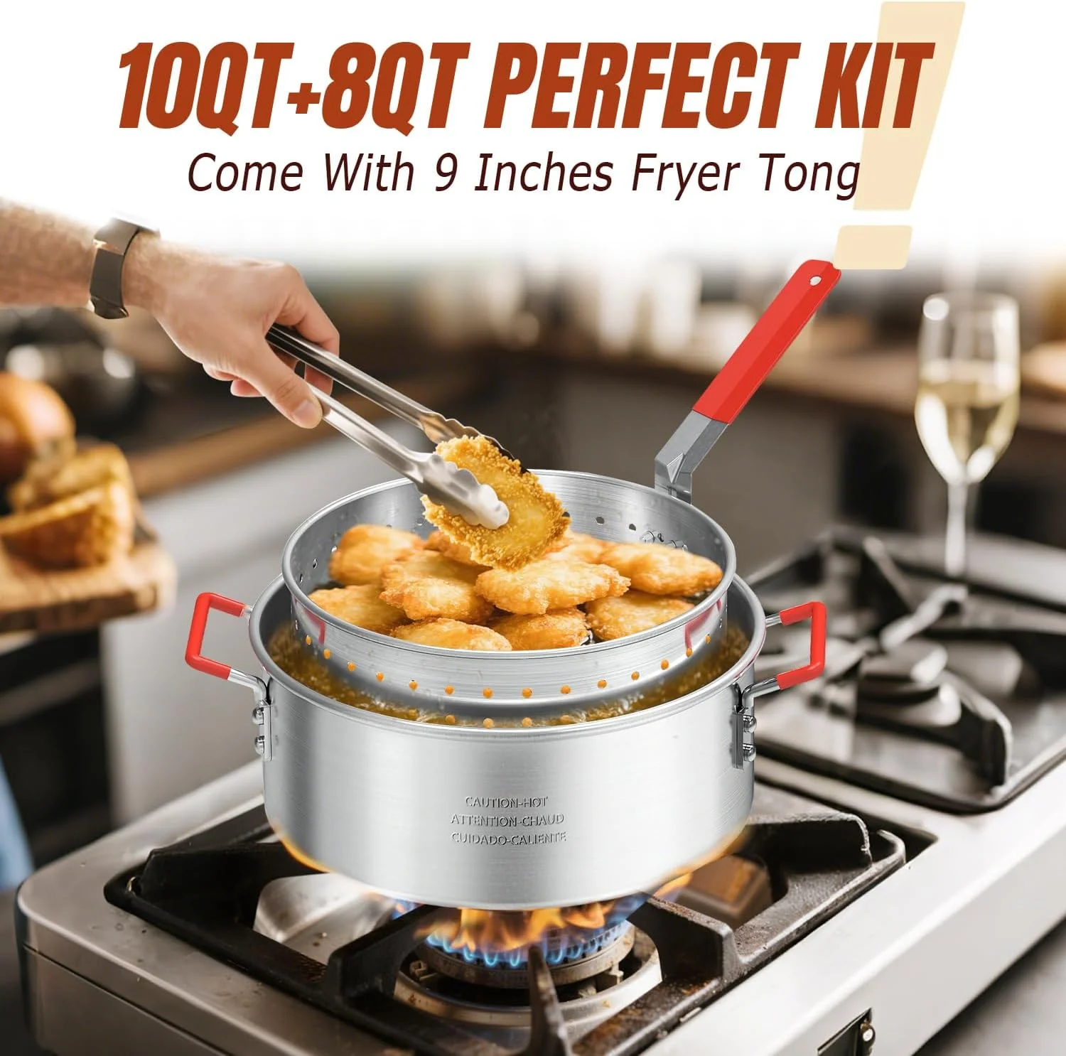 10QT Propane Fish Fryer with Lid, Cover, Fryer Tong & Temperature Gauge, 8QT Basket for Frying Fish, Chicken Wings, French Fries, Deep Fryers with 5 PSI Regulator & 55,000 BTU Burner for Outdoor Cooking