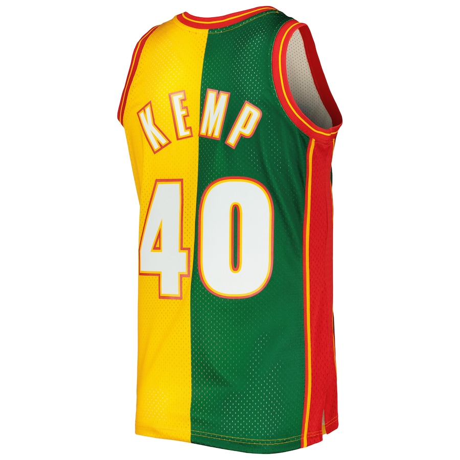 Men's Seattle SuperSonics Shawn Kemp Mitchell & Ness Green/Gold Hardwood Classics 1995/96 Split Swingman Jersey
