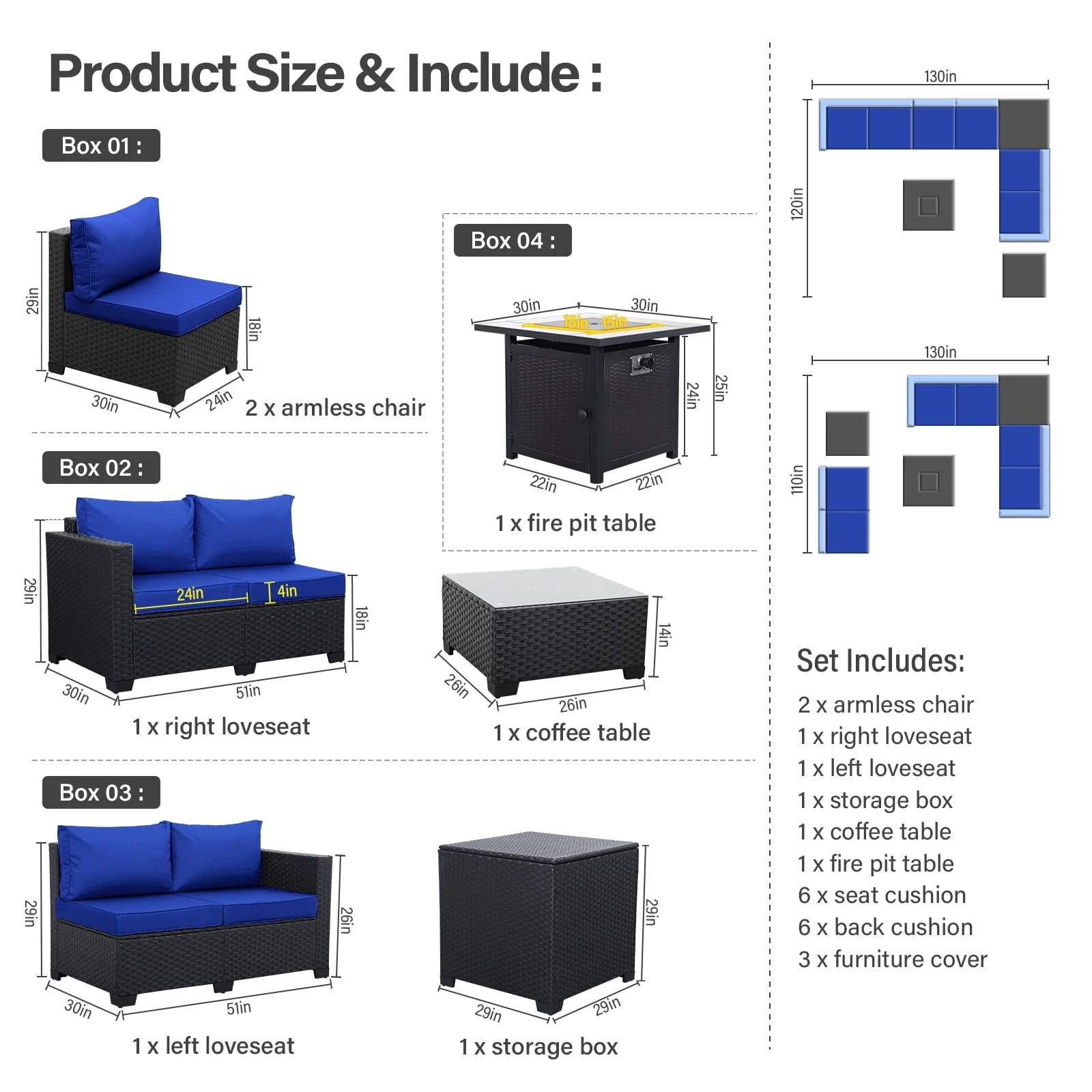 Waroom Patio Furniture Set 7-Piece 50000 BTU Propane Gas Fire Pit Outdoor Wicker Furniture Set Square Steel Pit Table with Storage Box and Glass Coffee Table, Royal Blue