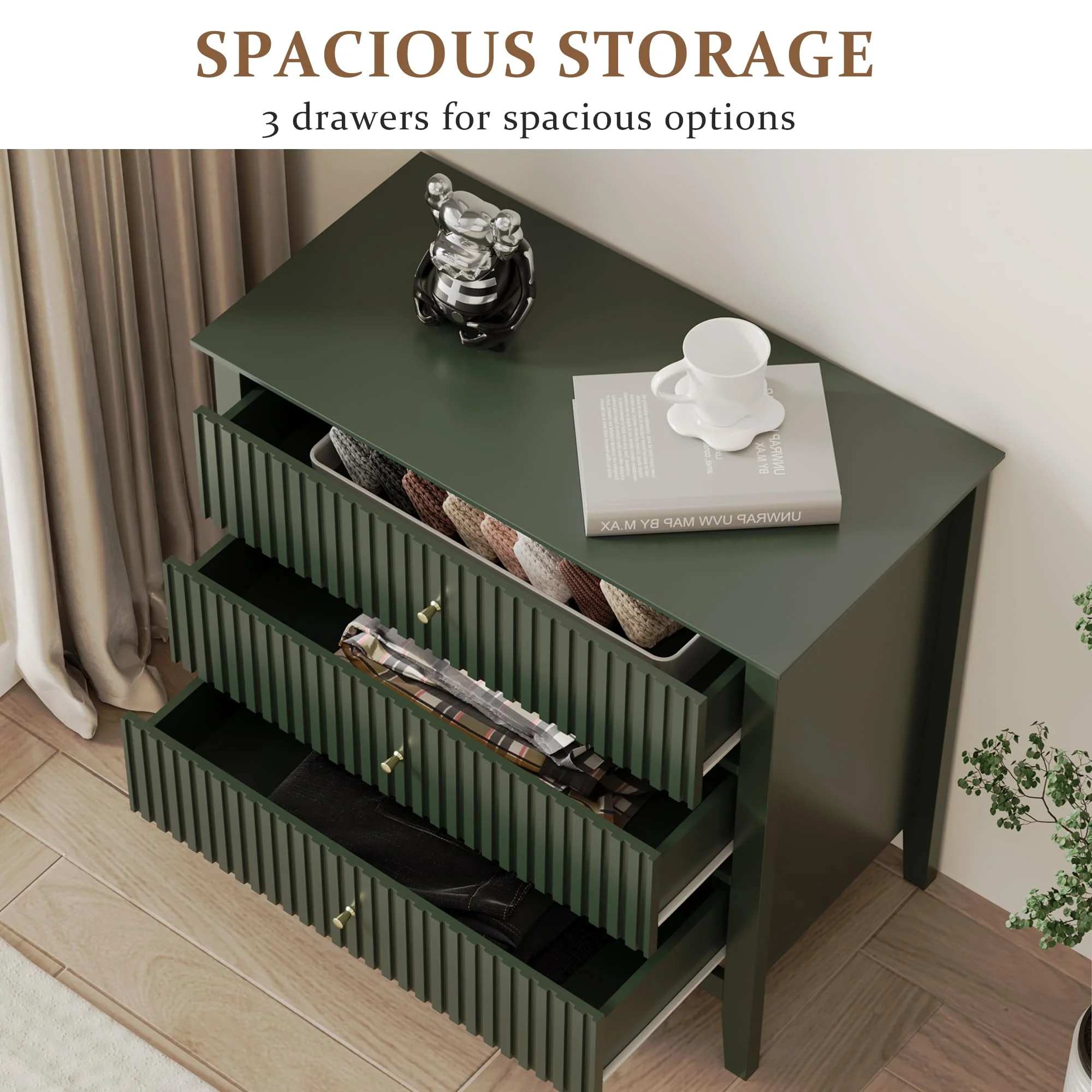 May Color Large White 3 Drawer Dresser Set of 2 with Fluted Panel, Modern Chest of Drawers with Silent Slide Drawers, Wood Accent Nightstand with Storage for Bedroom Living Room, Hallway