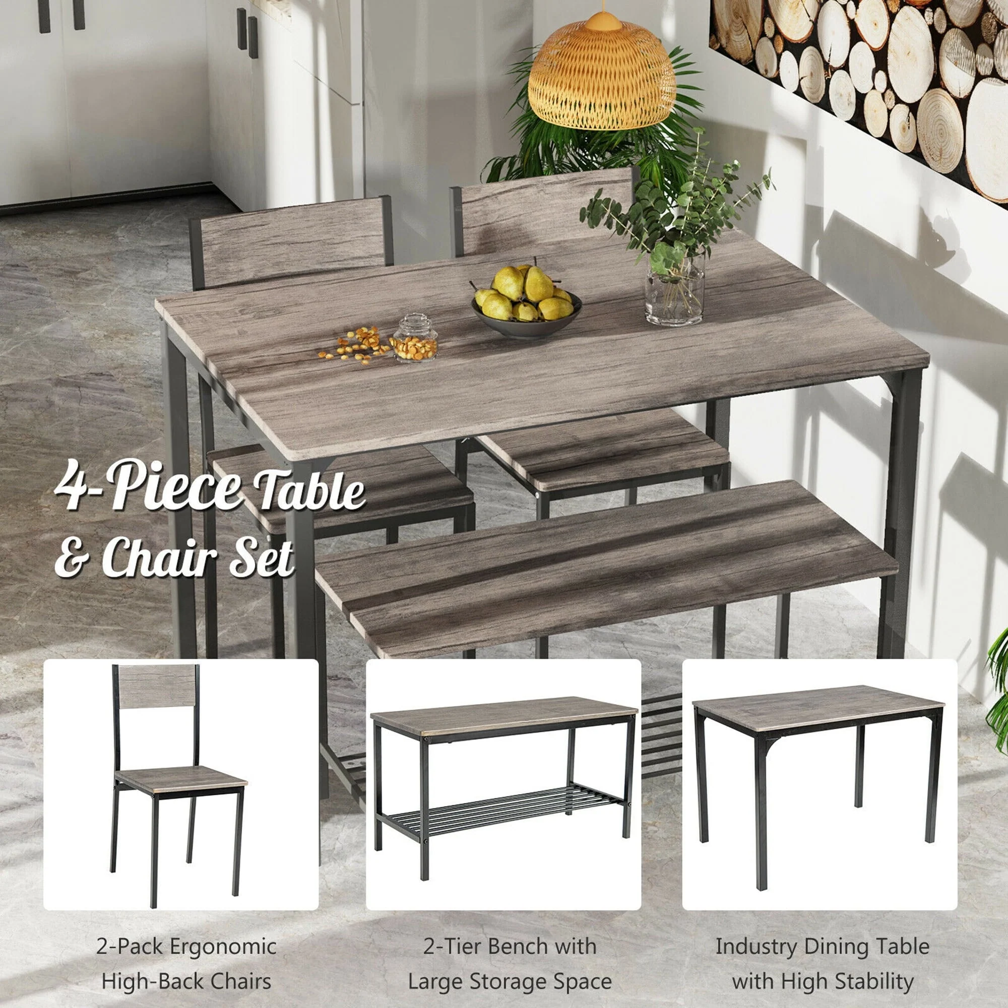 Gymax 4pcs Dining Table Set Rustic Desk 2 Chairs & Bench w/ Storage Rack Grey