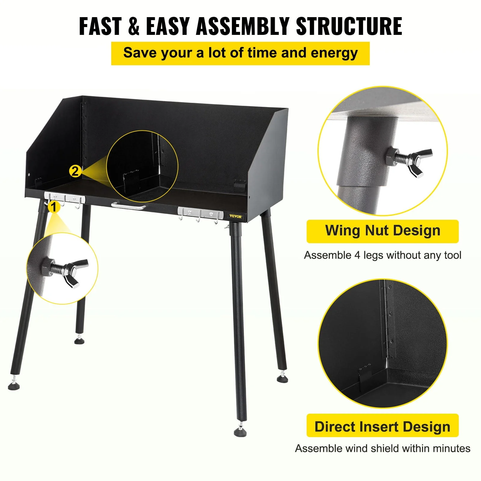 Carbon Steel Camp Cooking Table 38 x 16 inch with Three-Sided Windscreen and Legs for Outdoor Food Preparation and Dutch Oven
