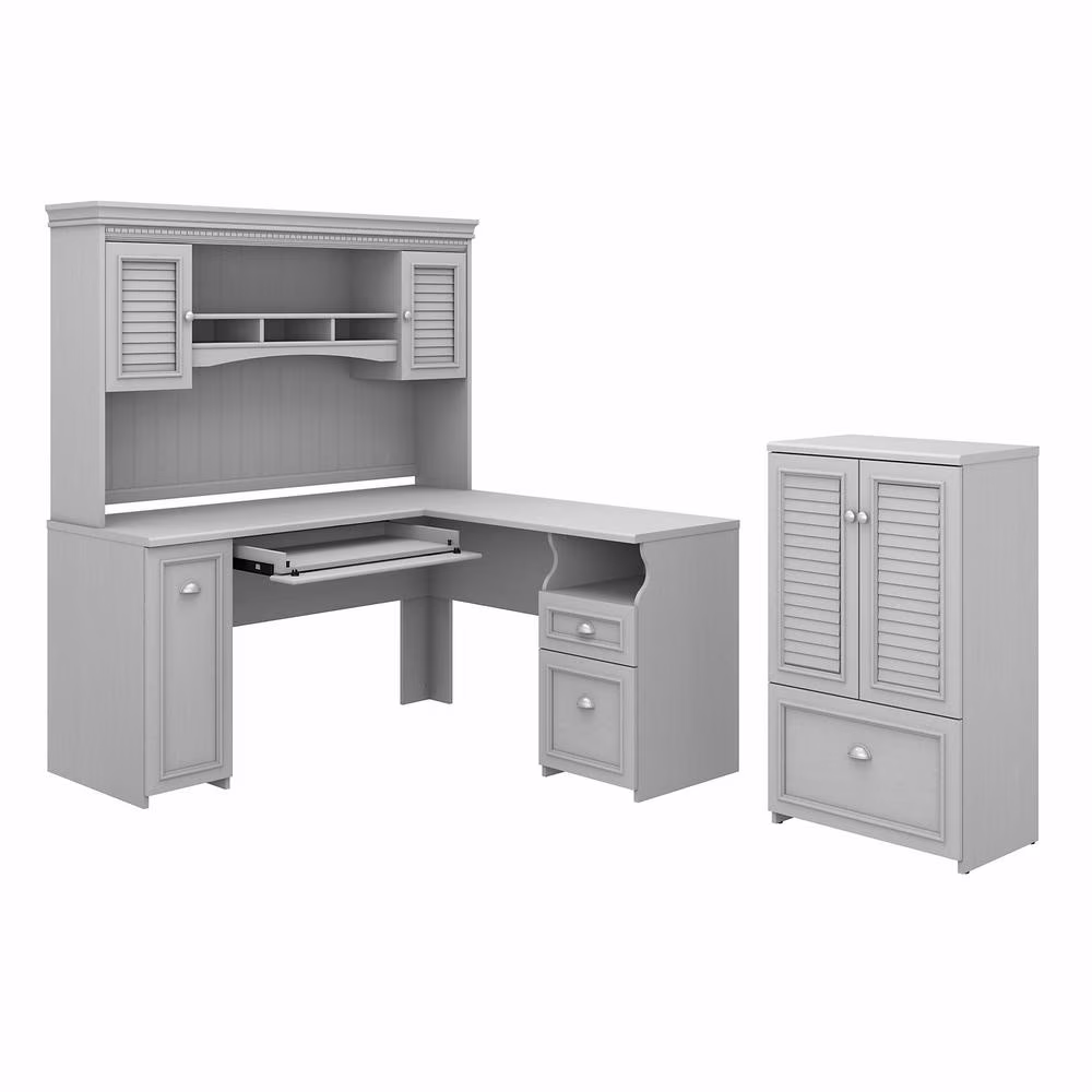 Fairview L Desk with Hutch and Storage Cabinet in White/Gray - Engineered Wood