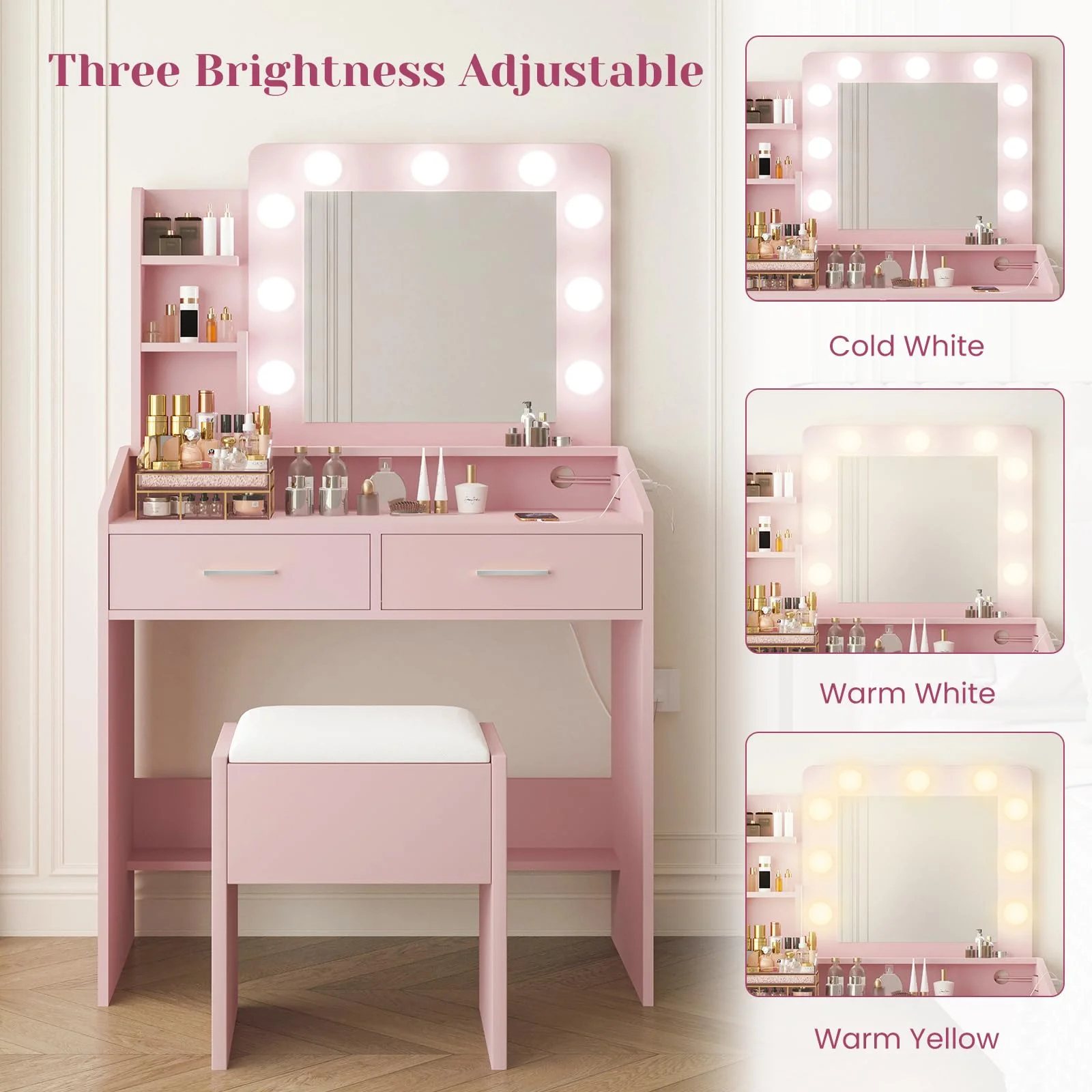 Yeshouse Vanity Desk with Mirror and Lights, White Makeup Vanity with 2 Drawers, 3 Light Mode and Brightness Adjusted, Makeup Table for Bedroom, Desk and Chair
