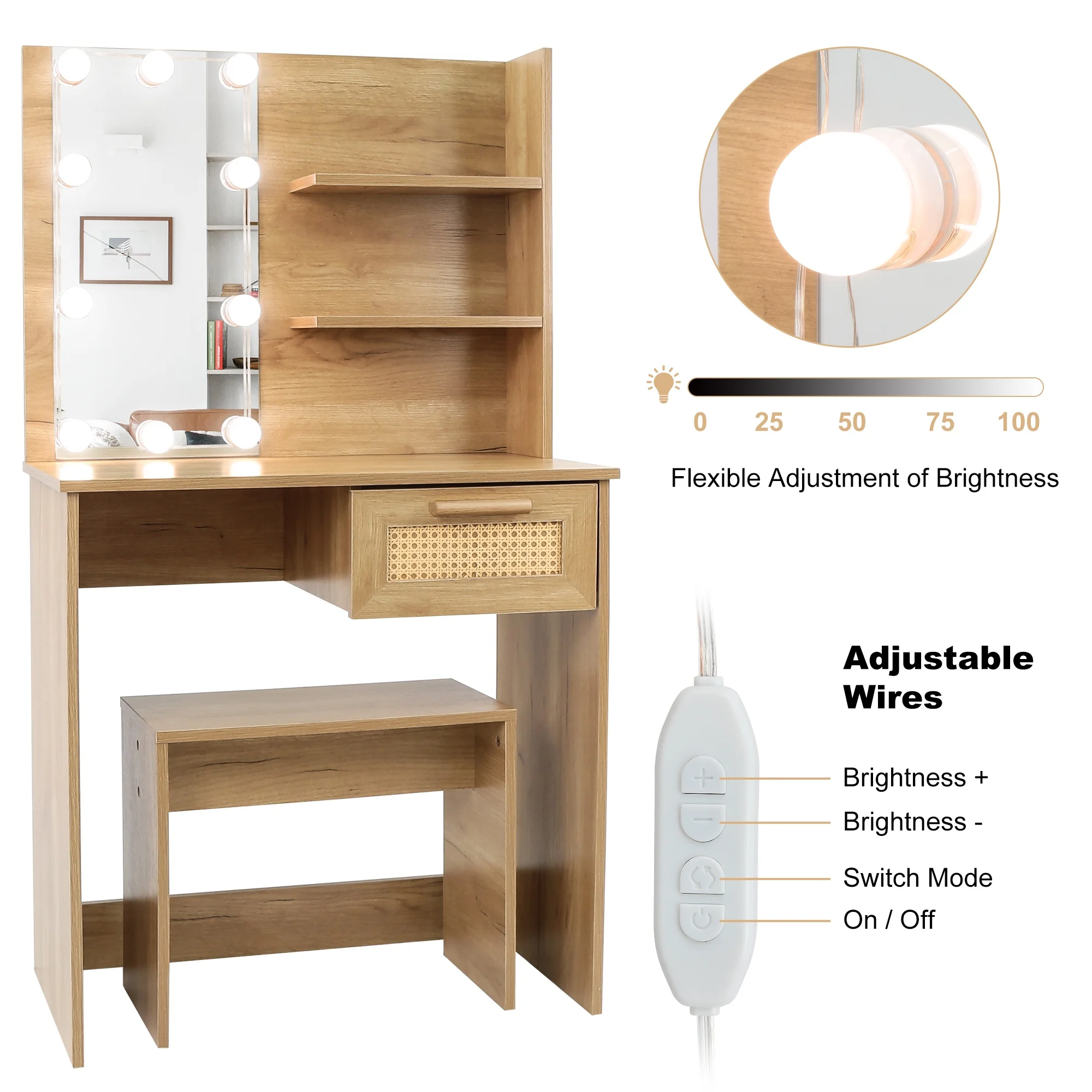PORKISS Makeup Vanity Desk with Mirror & Lights, Vanity Table Set with Power Outlet & Hair Dryer Rack, Modern Dressing Table for Bedroom with 2 Drawers, Storage Cabinet and Storage Stool, White