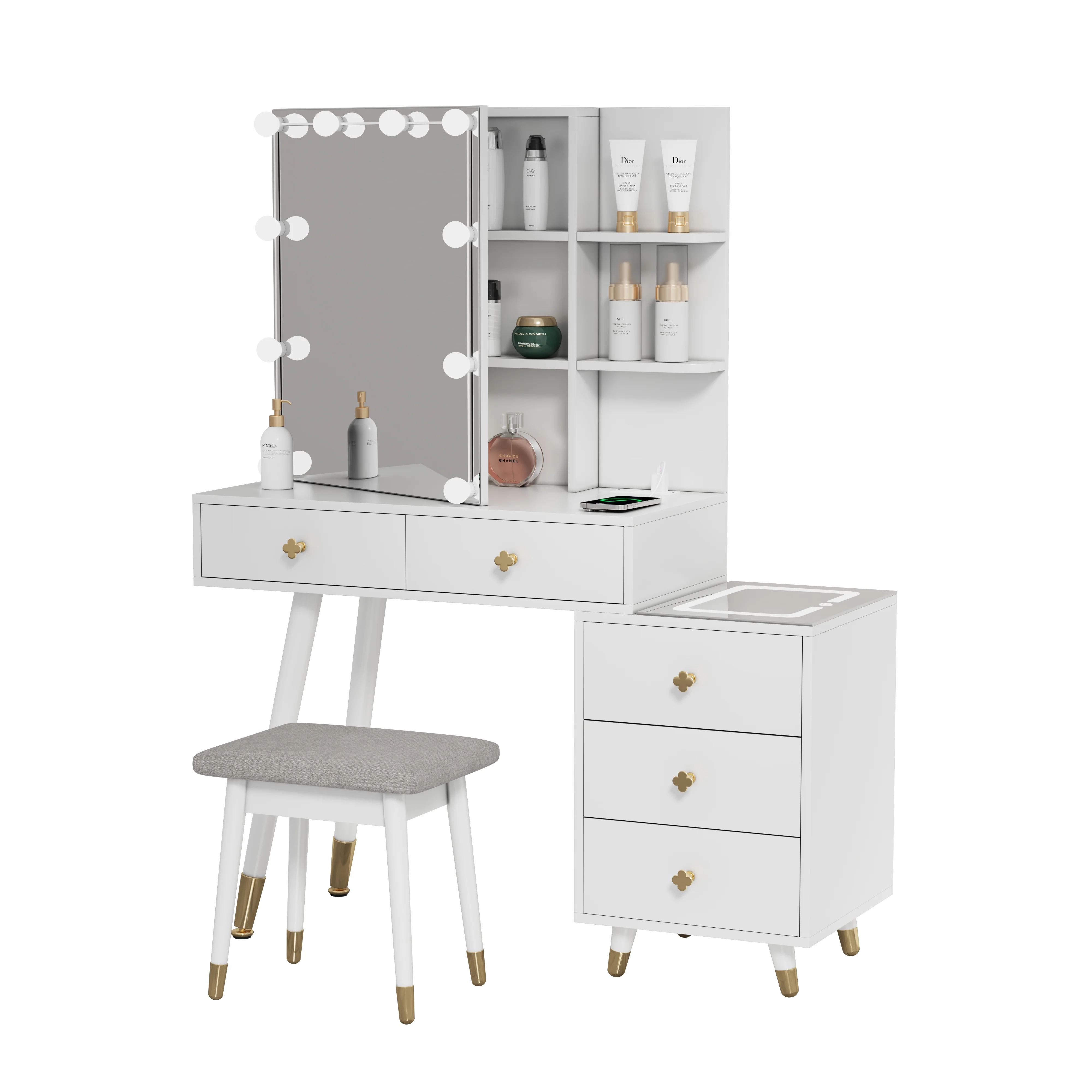 Kadyn Vanity Desk with Lighted Mirror, Vanity Table and Chair Set with 2 Drawers, Dressing Table Makeup Desk with 1 Door, Retro Gray