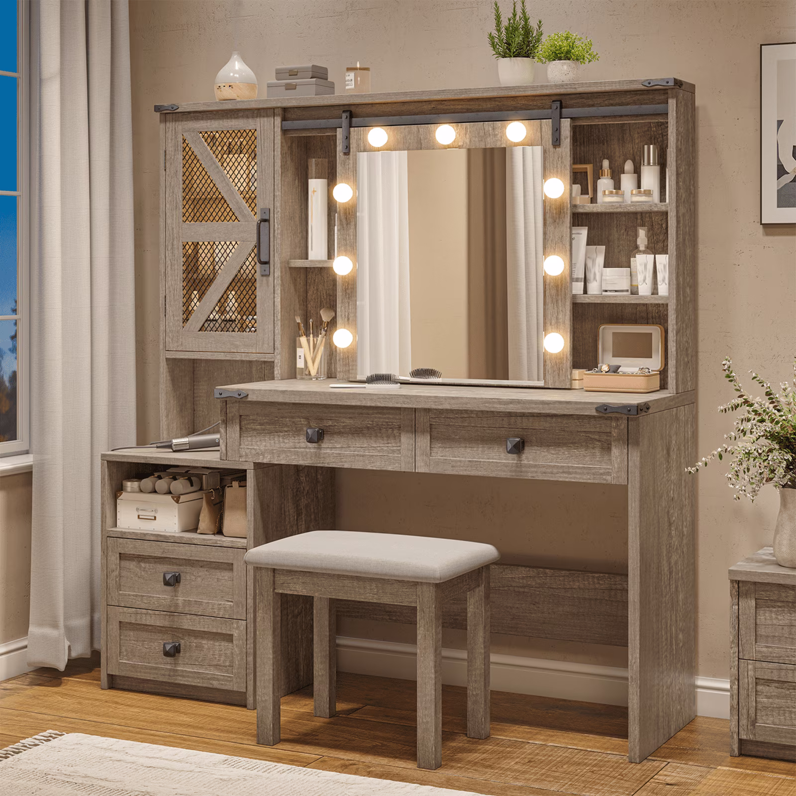 EnHomee Makeup Vanity Desk with Lighted Mirror Large Vanity with 4 Drawers Farmhouse Vanity Set with Mirror and Lights,White