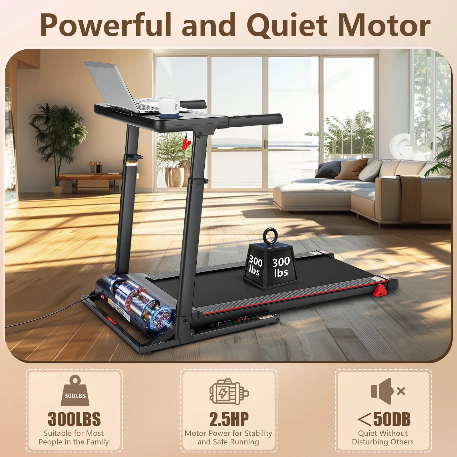 Simpfree Treadmill with Height-Adjustable Desk, 300LBS Folding Treadmill with Incline\App\Bluetooth Speakers\LED Monitor\64 Programs for Home, 0.6-7.5MPH/h