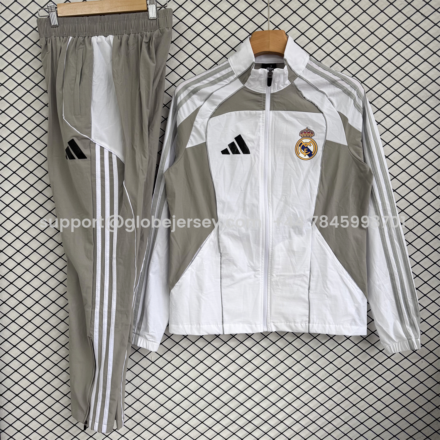 Real Madrid 25-26 Windbreaker Training Set - White With Grey Top and Grey Pants