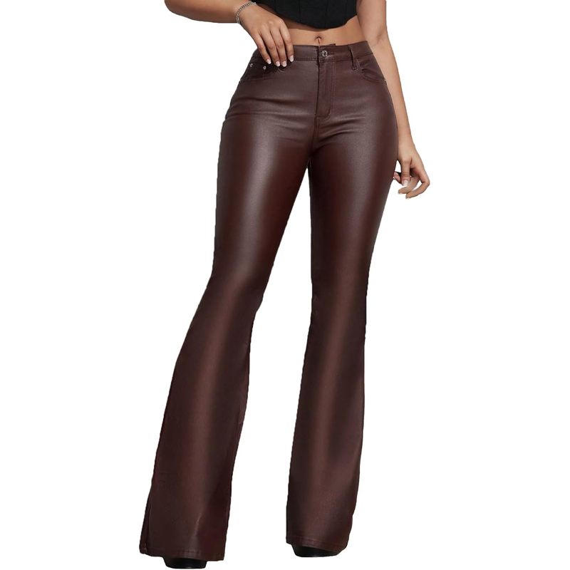 Women's Faux Leather Coated Flare Pants Mid Waist