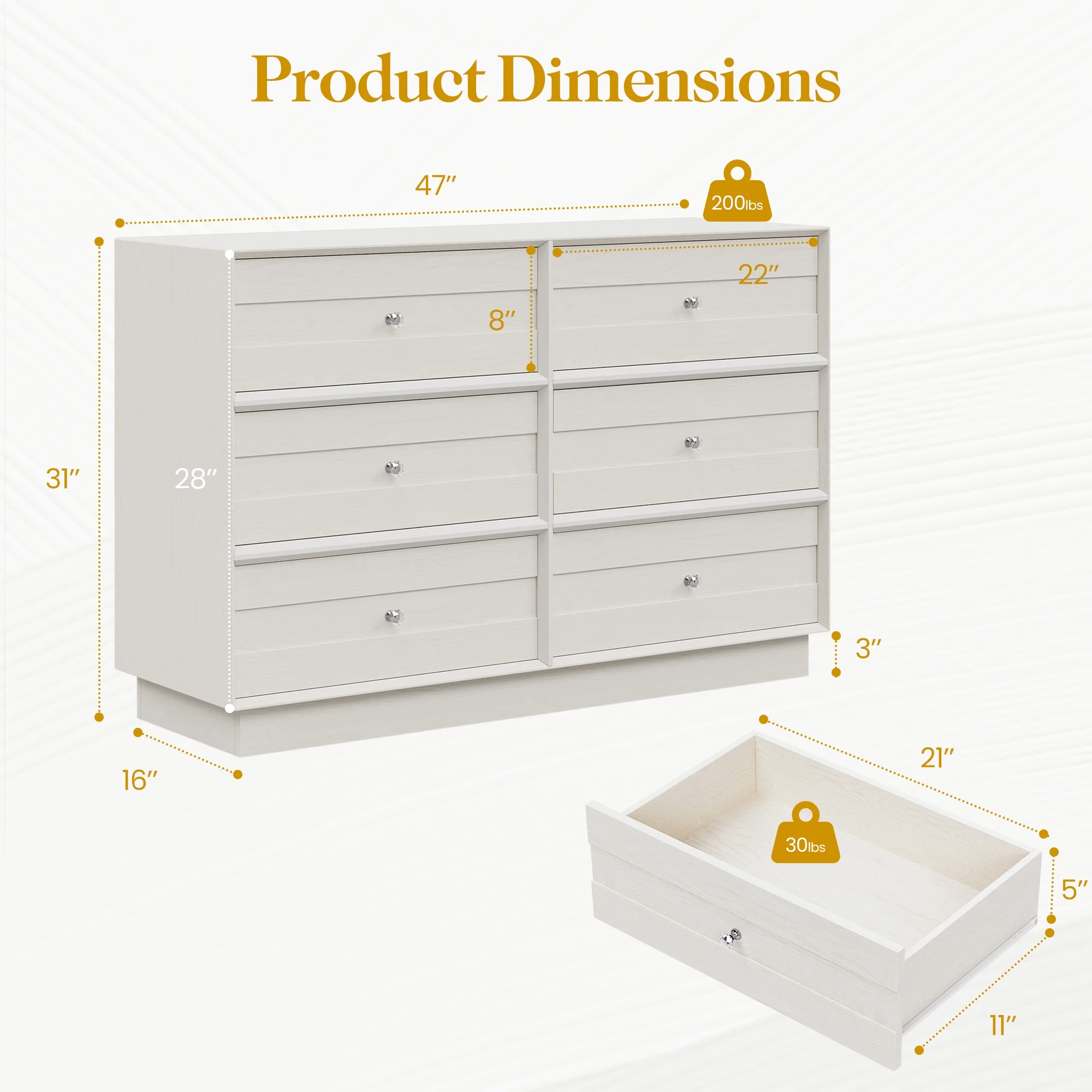 May Color Large White 3 Drawer Dresser Set of 2 with Fluted Panel, Modern Chest of Drawers with Silent Slide Drawers, Wood Accent Nightstand with Storage for Bedroom Living Room, Hallway