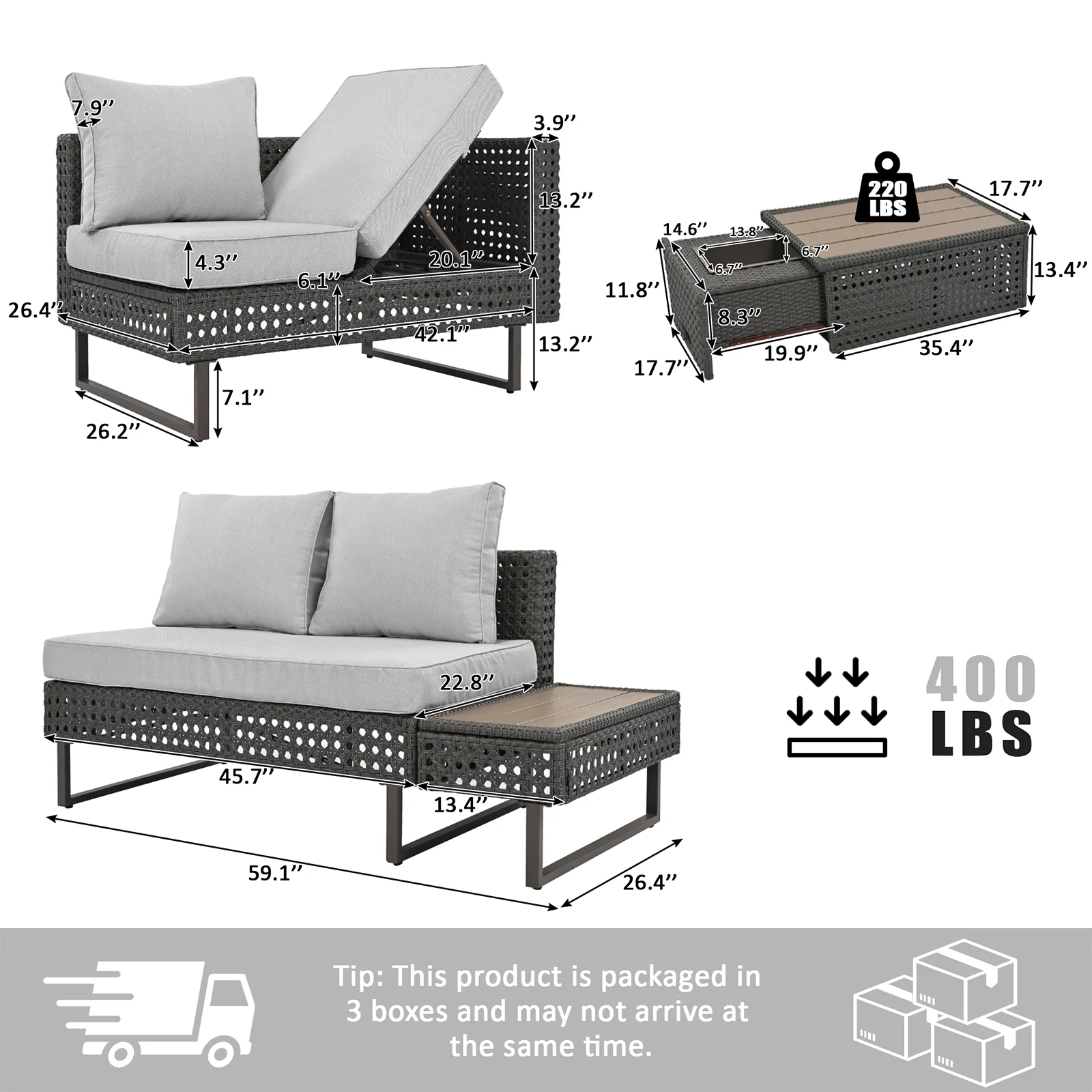 6-Piece Outdoor Sectional Furniture Set for Patio, Expandable Coffee Table w/ Ice Bucket & Collapsible Seat, Deep Cushions - Khaki