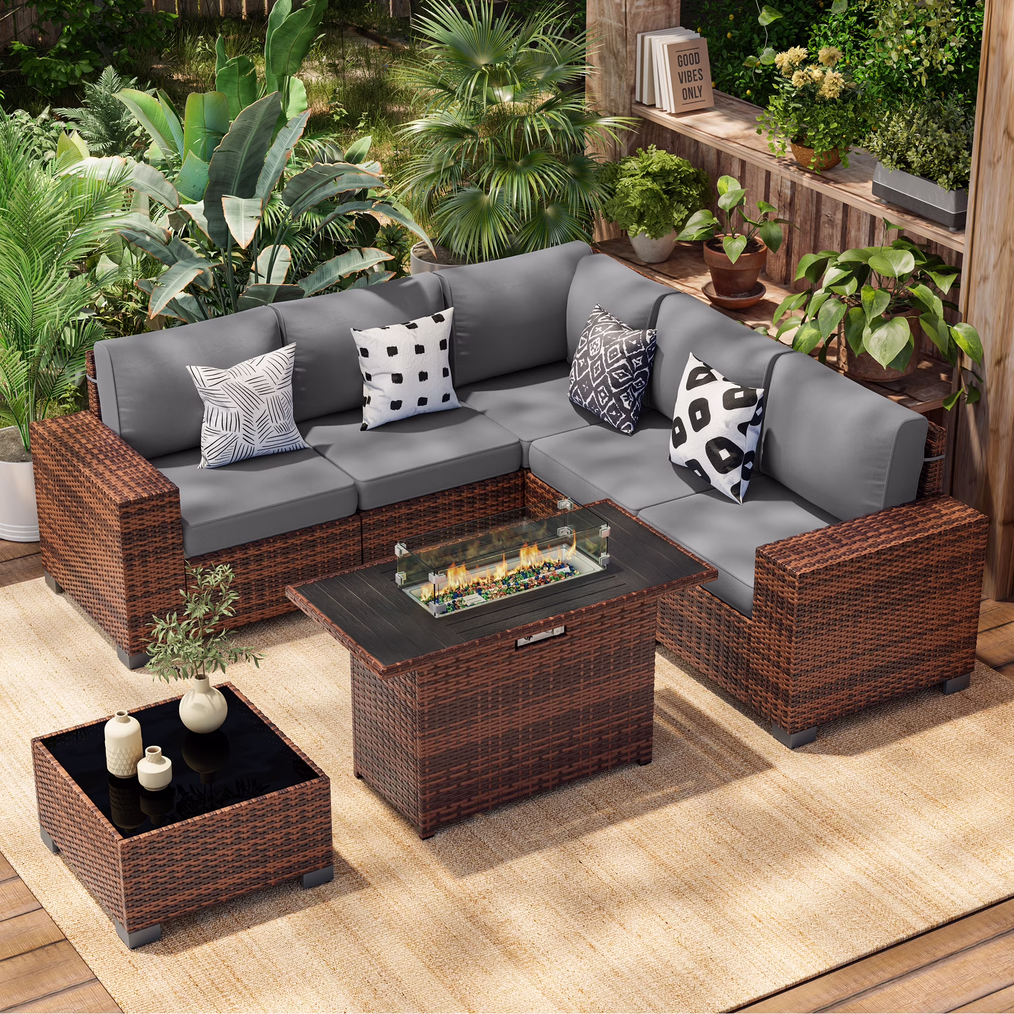 Poteban Patio Furniture Set 6 PCS Outdoor Sectional Conversation Sets Featuring Widen Wicker Armrests and High Back, Black (Waterproof Covers Included)