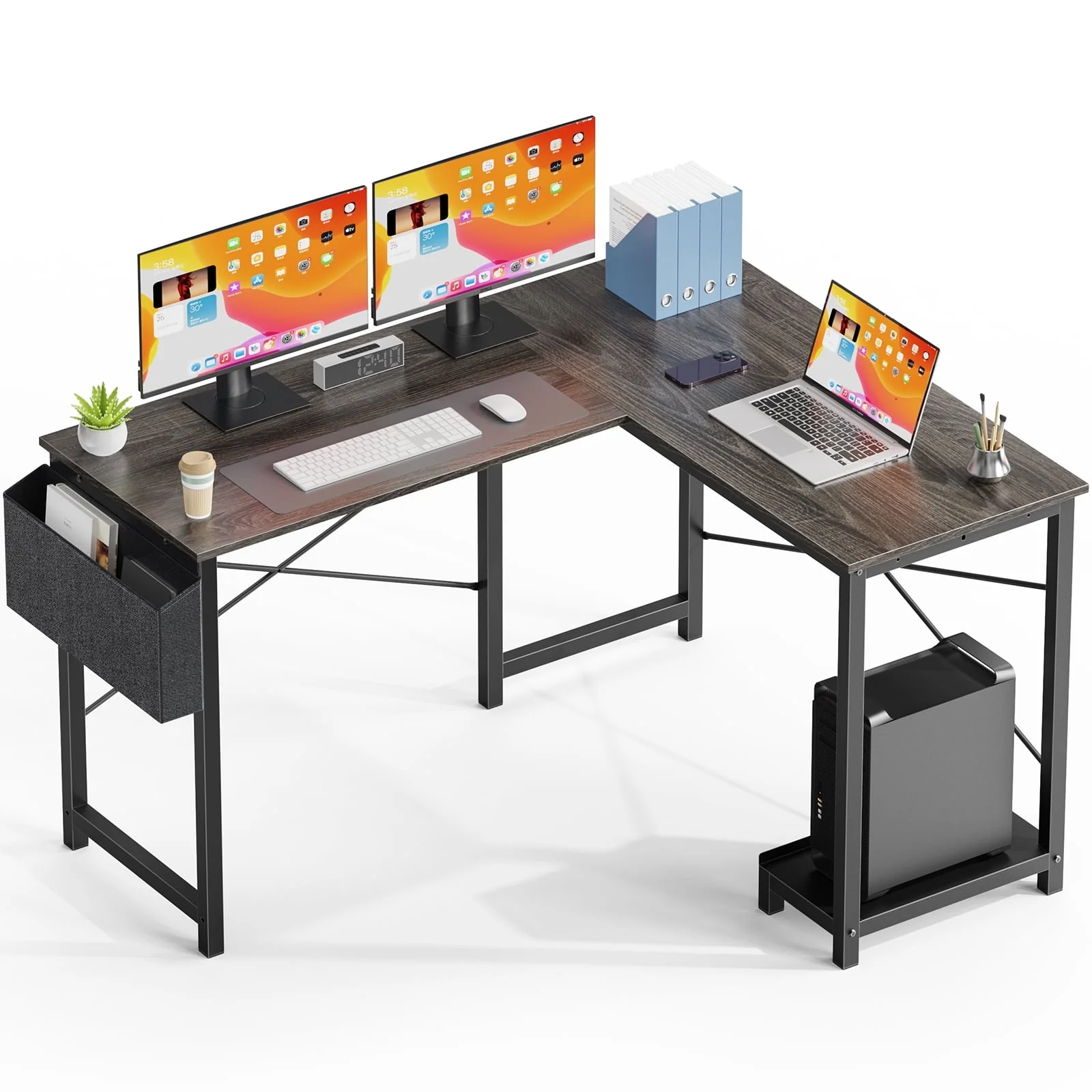 Modern L-Shaped Desk with Reversible Storage Shelf for Home and Office Use - 49 Inch Computer Desk for Gaming, Study, and Workstation, Black