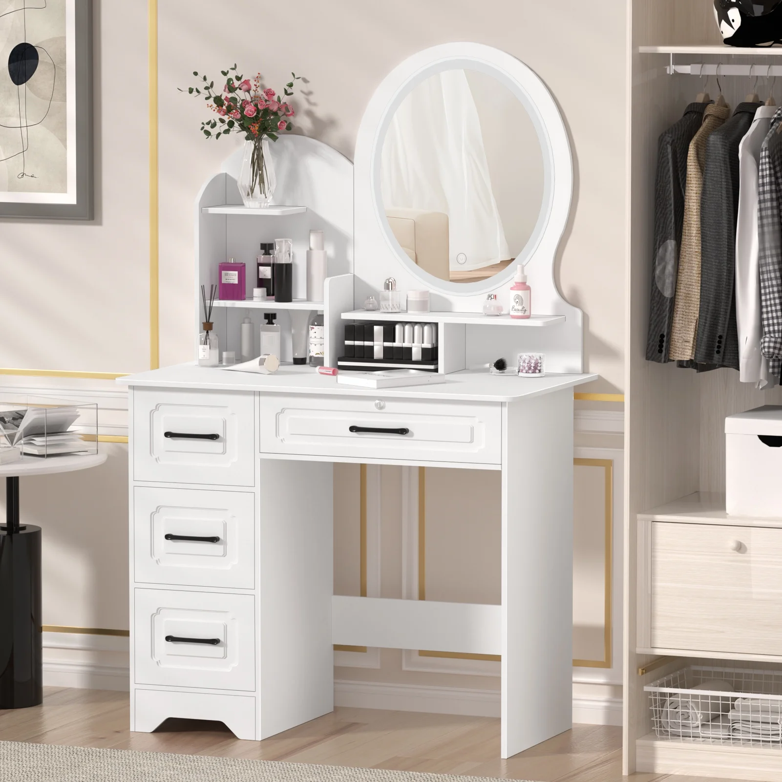 Anvazise Makeup Desk with Mirror, Large Vanity Desk with Storage Shelves, 4 Drawers, Makeup Vanity Table with Light, Bedroom Dressing Table