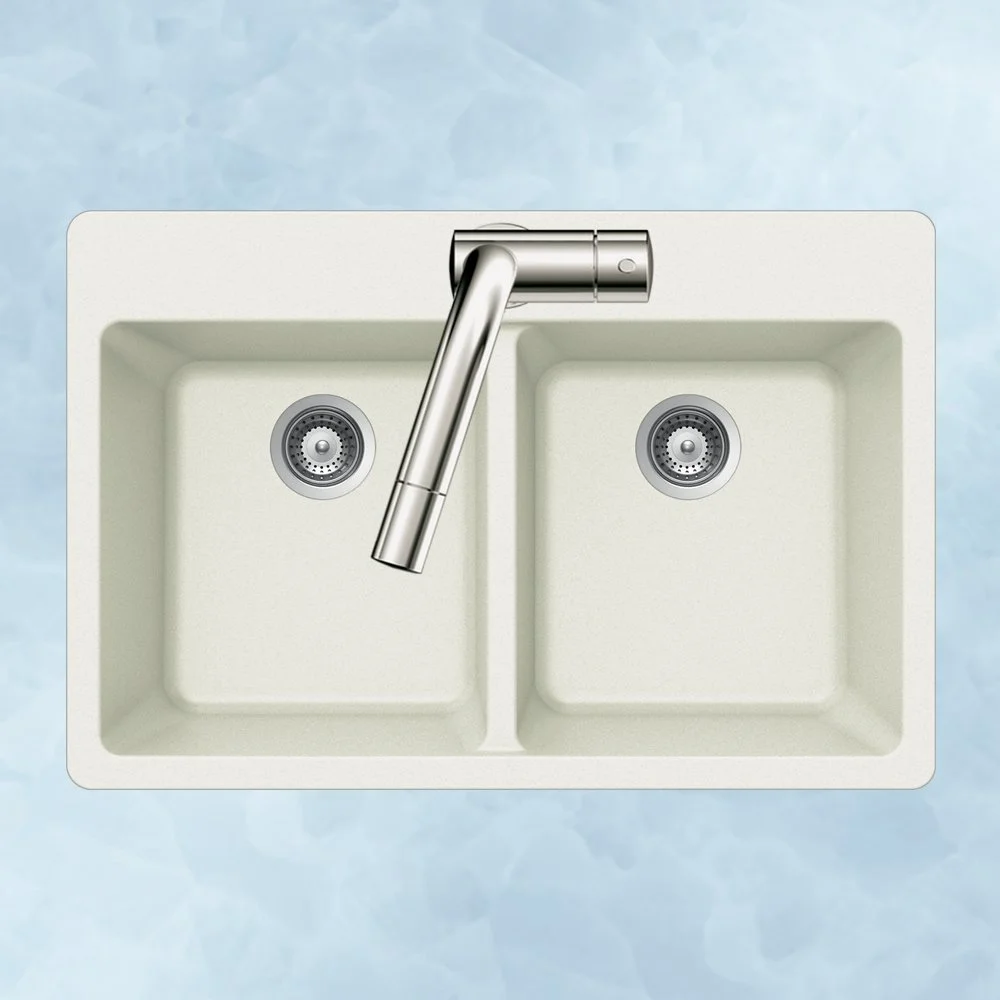 Houzer M-200 CLOUD Quartztone Series Granite Topmount 50/50 Double Bowl Kitchen Sink, White